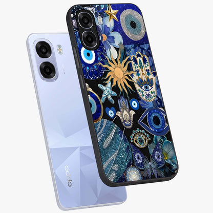 Evil Eye Charm Mix Glass Case displayed in angled mockup highlighting protective evil eye symbols with spiritual aesthetic design.