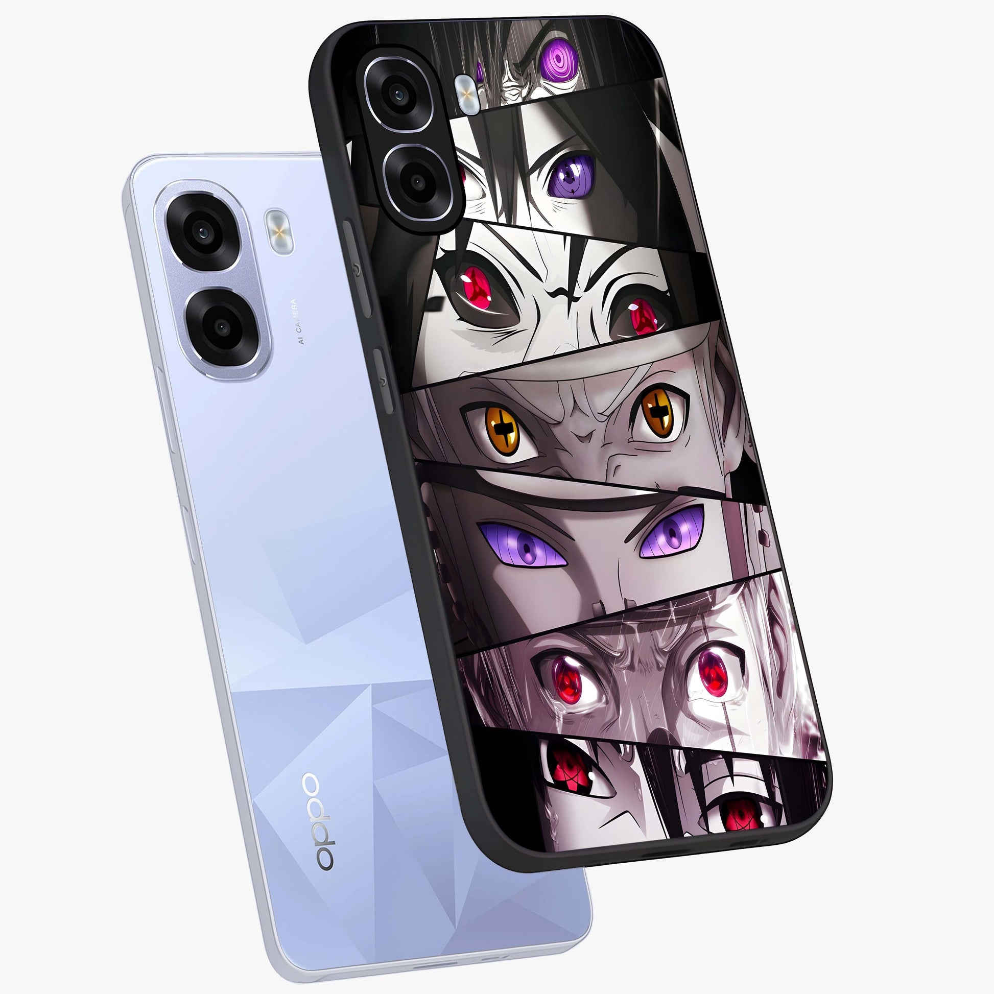Eyes of Destiny Glass Case displayed in angled mockup highlighting bold eye illustration with mystical aesthetic style.