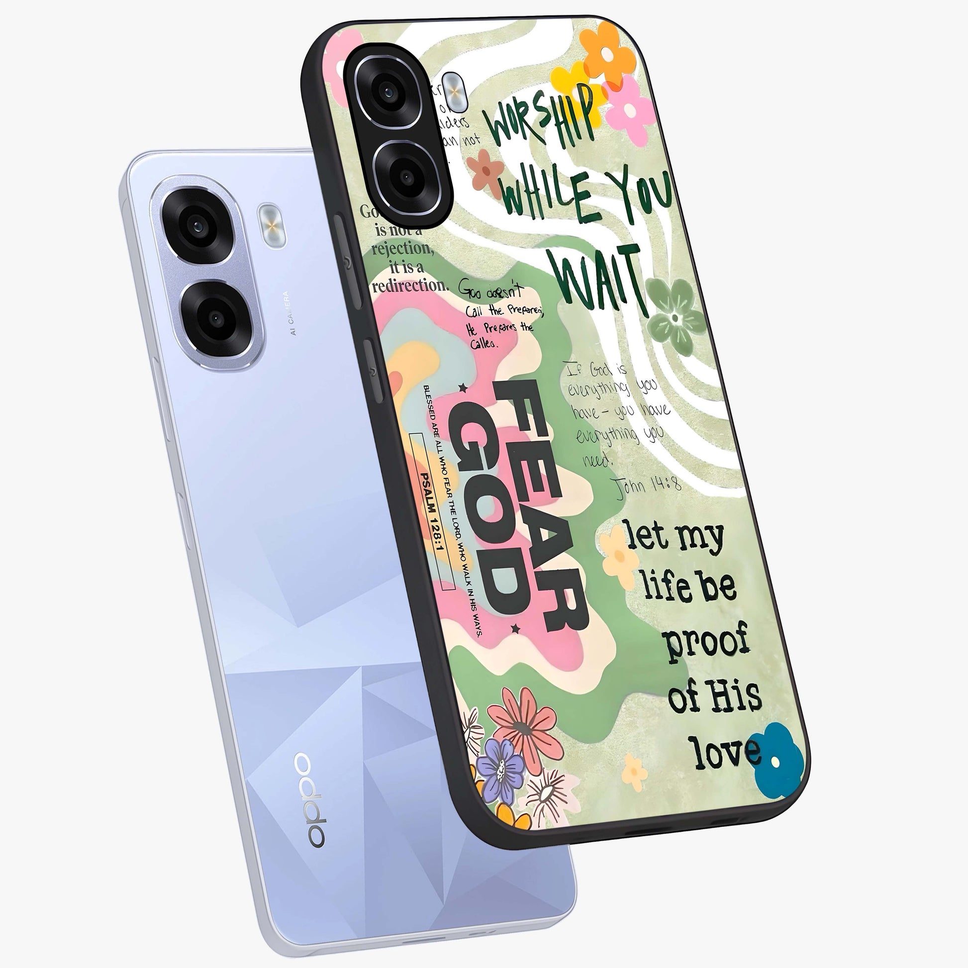 Faith Over Fear Glass Case displayed in angled mockup highlighting inspirational message design with modern aesthetic style.