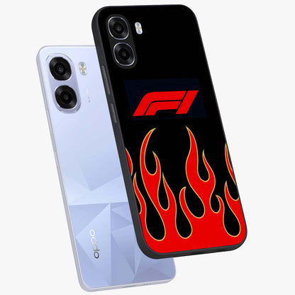 Fire F11 Glass Case displayed in angled mockup highlighting bold fire inspired graphic with energetic aesthetic style.