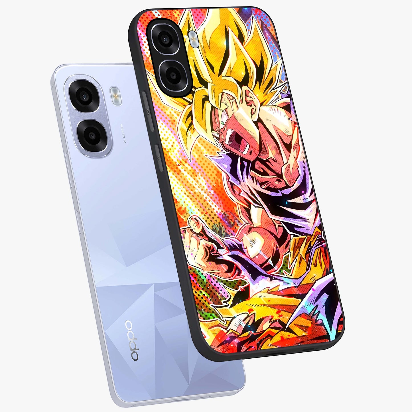 Firing Goku Glass Case displayed in angled mockup highlighting dynamic anime character design with action aesthetic.