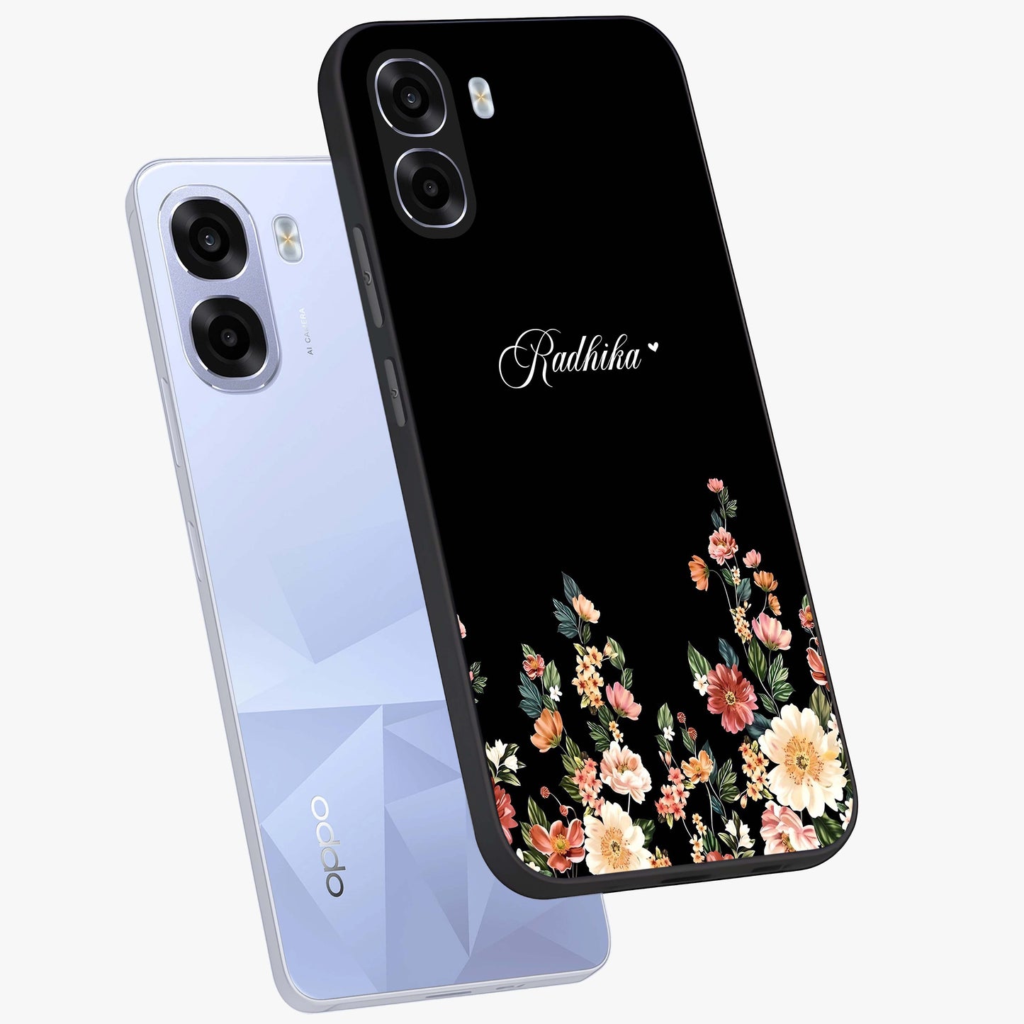 Floral Design With a Custom Personalized Name Glass Case displayed in angled mockup highlighting elegant floral pattern with custom name feature.