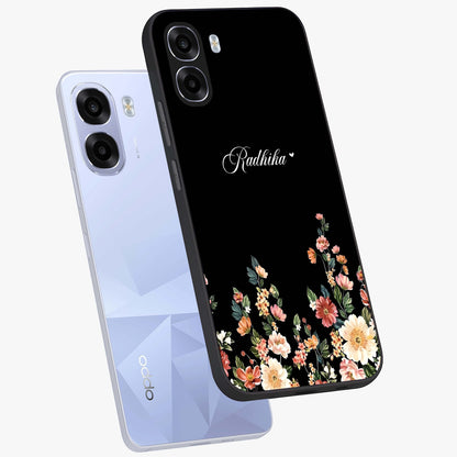 Floral Design With a Custom Personalized Name Glass Case displayed in angled mockup highlighting elegant floral pattern with custom name feature.