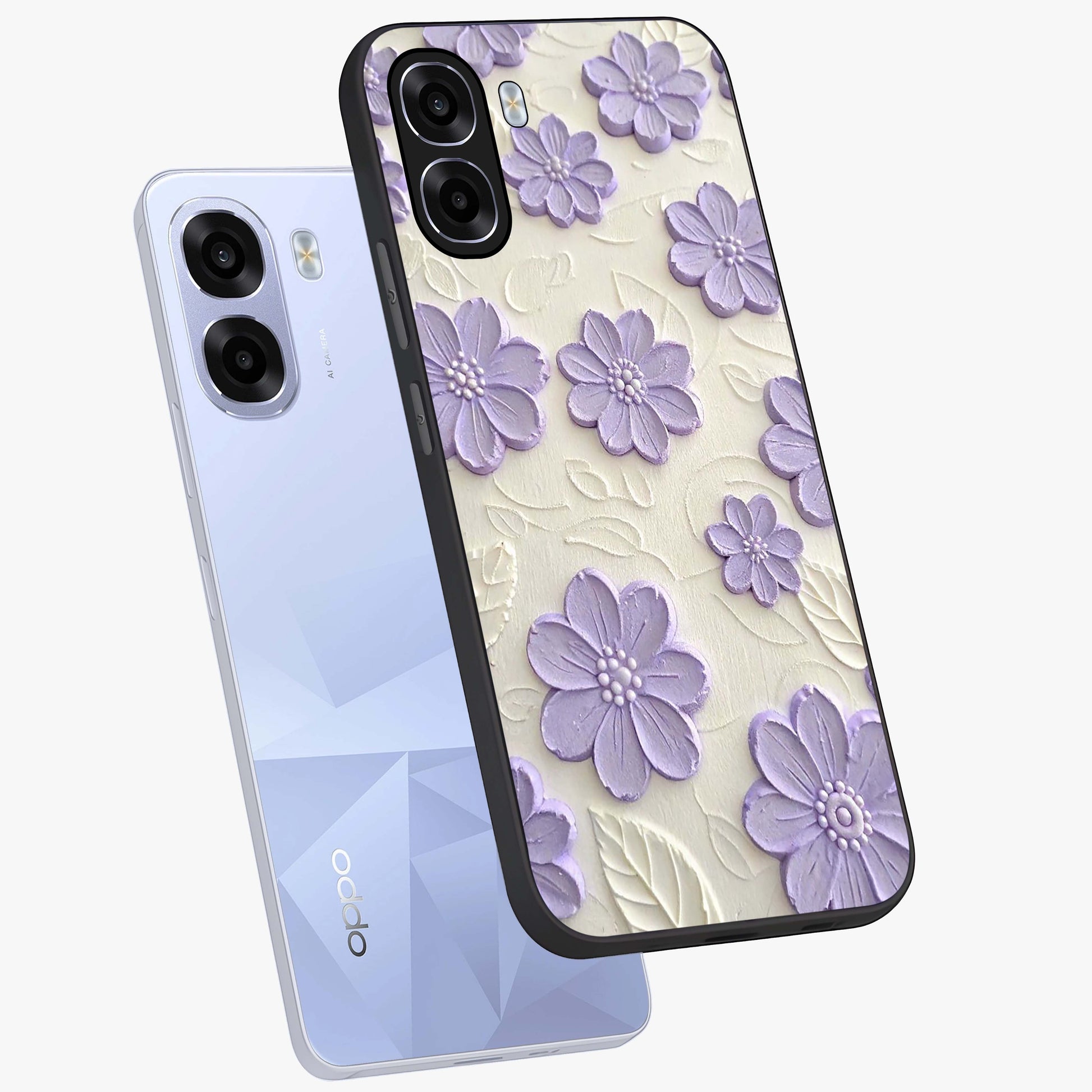 Floral Wall Art With Purple Flowers Glass Case displayed in angled mockup highlighting vibrant purple floral illustration with artistic aesthetic.