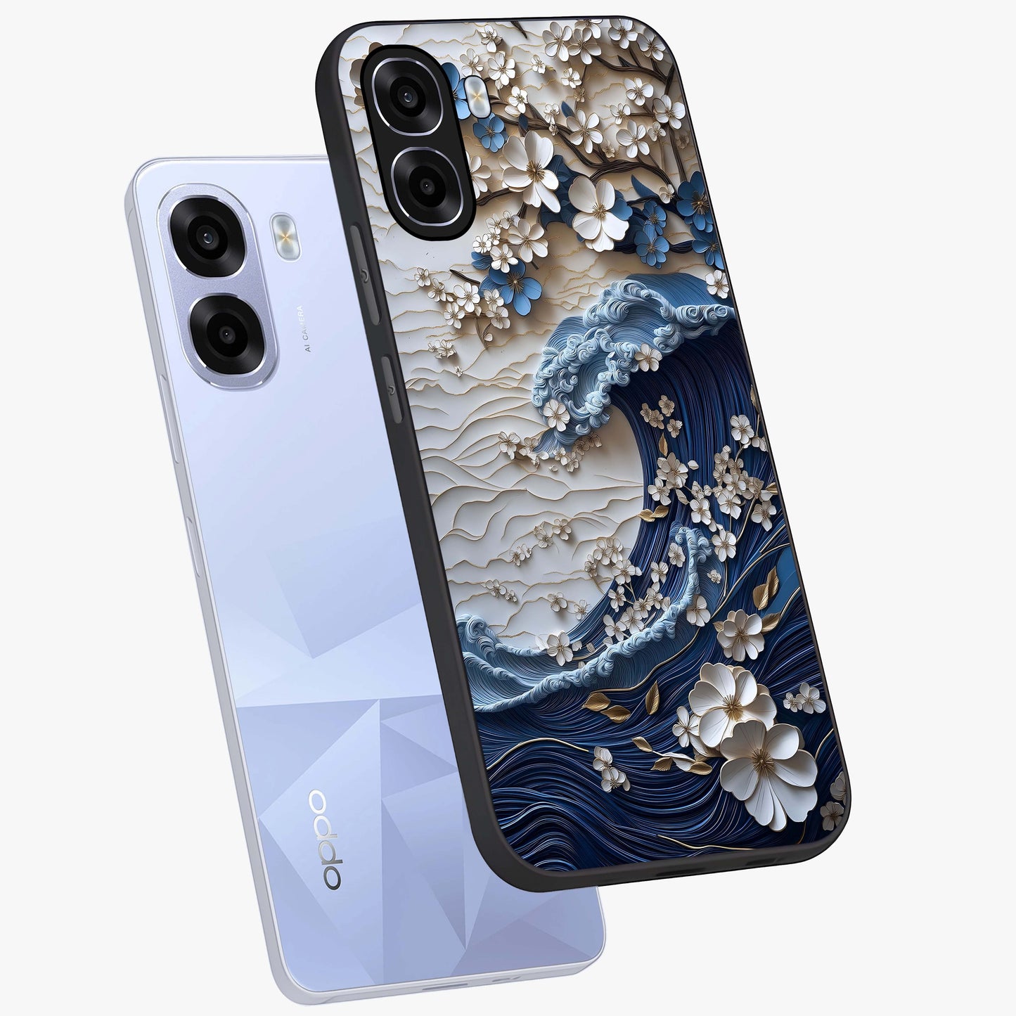 Floral Wave Origami Glass Case displayed in angled mockup highlighting geometric origami flower design with modern aesthetic style.