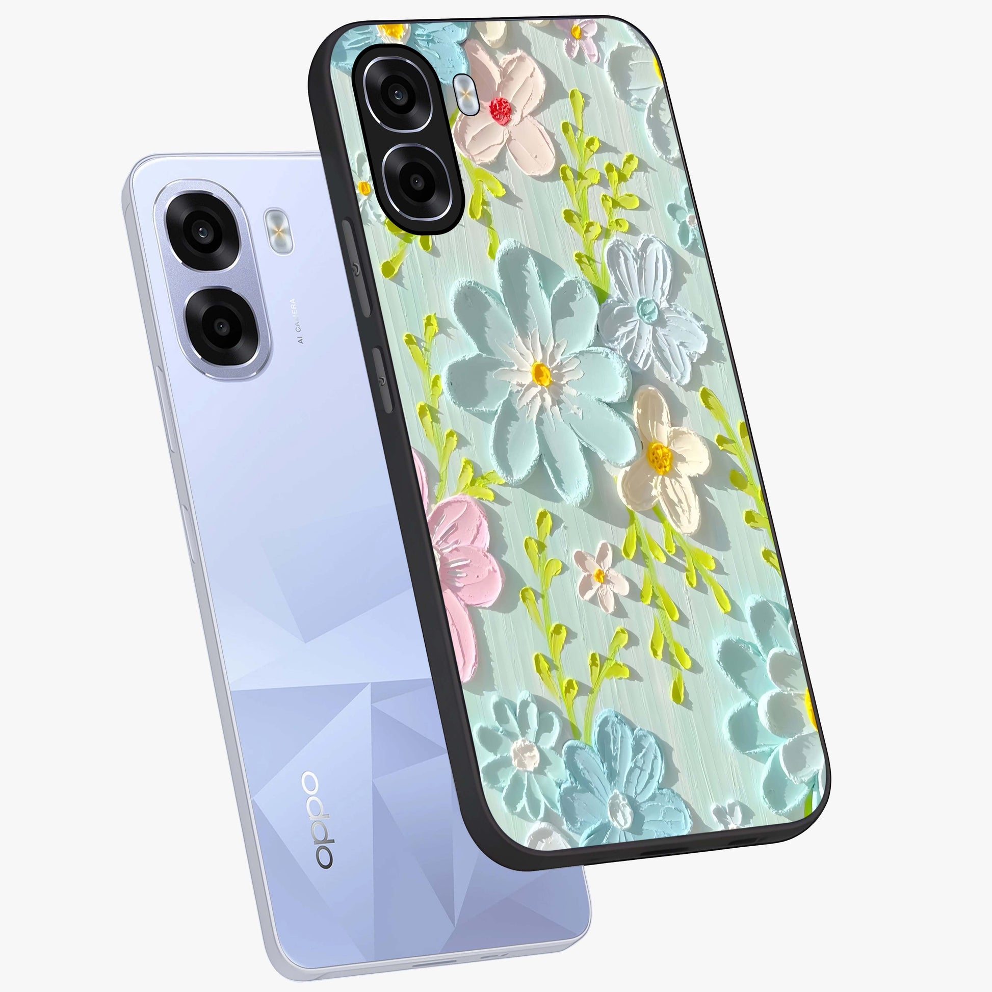 Frosted Petal Garden Glass Case displayed in angled mockup highlighting delicate flower petal design with calm garden aesthetic.