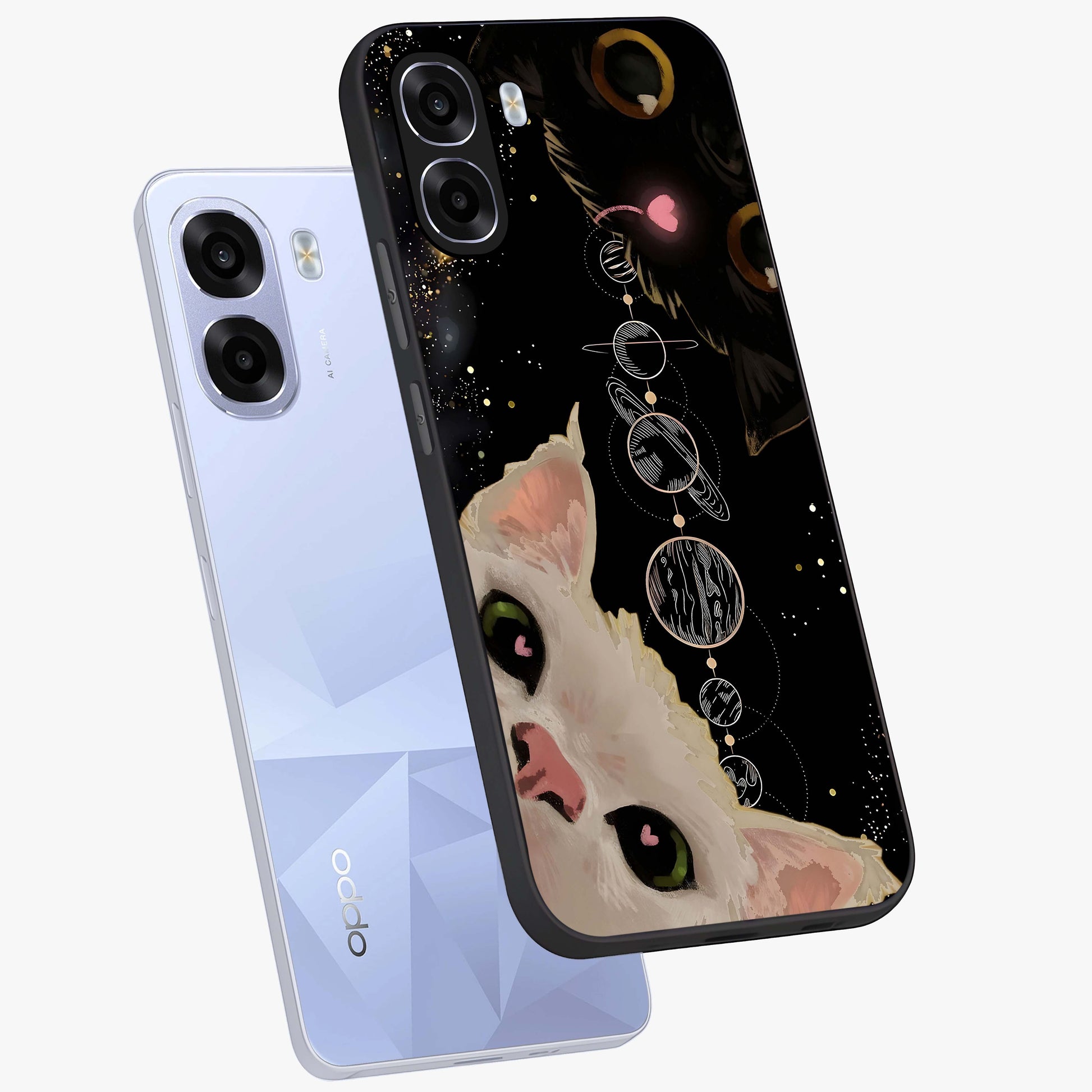 Galactic Cat Glass Case displayed in angled mockup highlighting celestial feline illustration with galaxy aesthetic style.