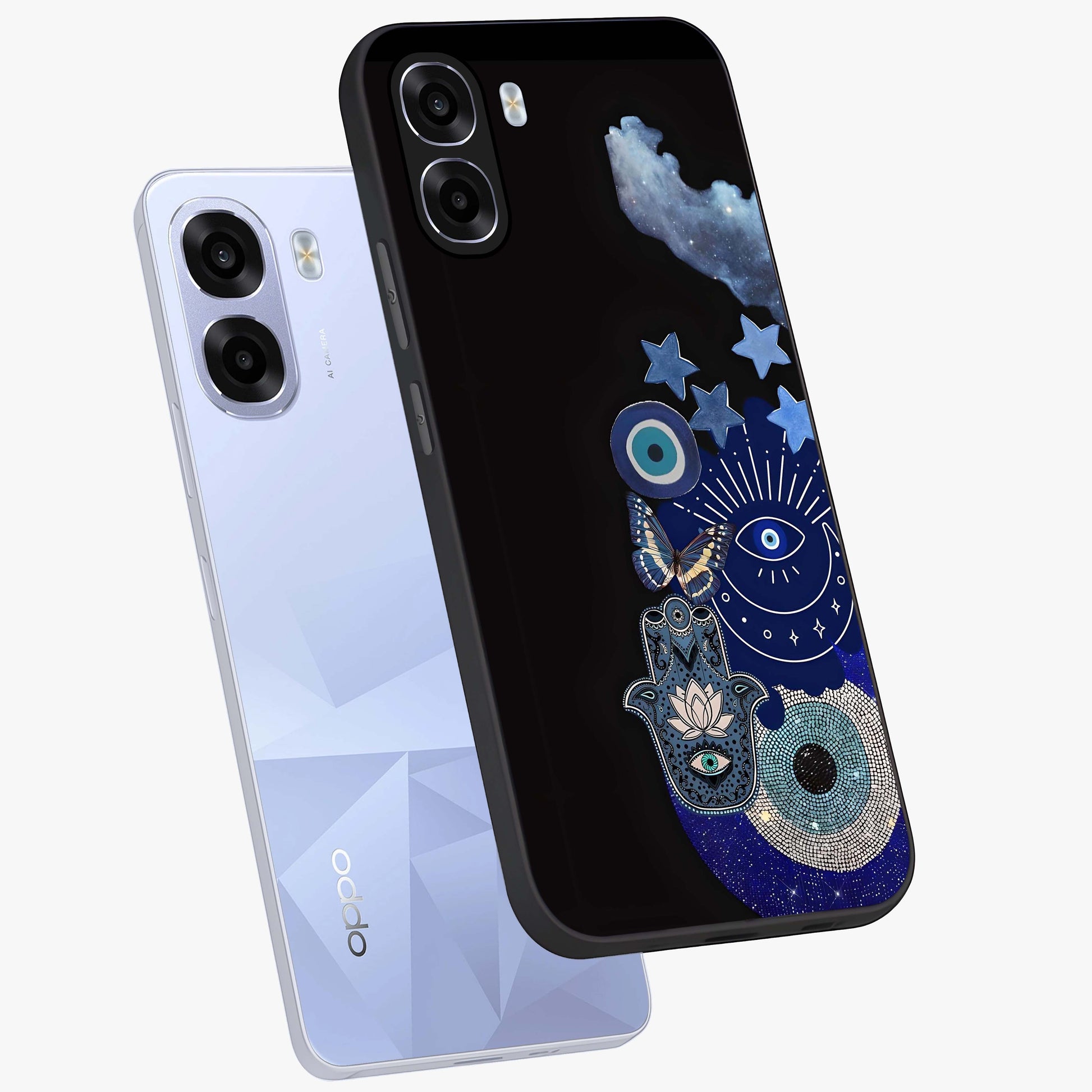 Galactic Charm Cluster Glass Case displayed in angled mockup highlighting luminous galaxy inspired design with dreamy aesthetic.