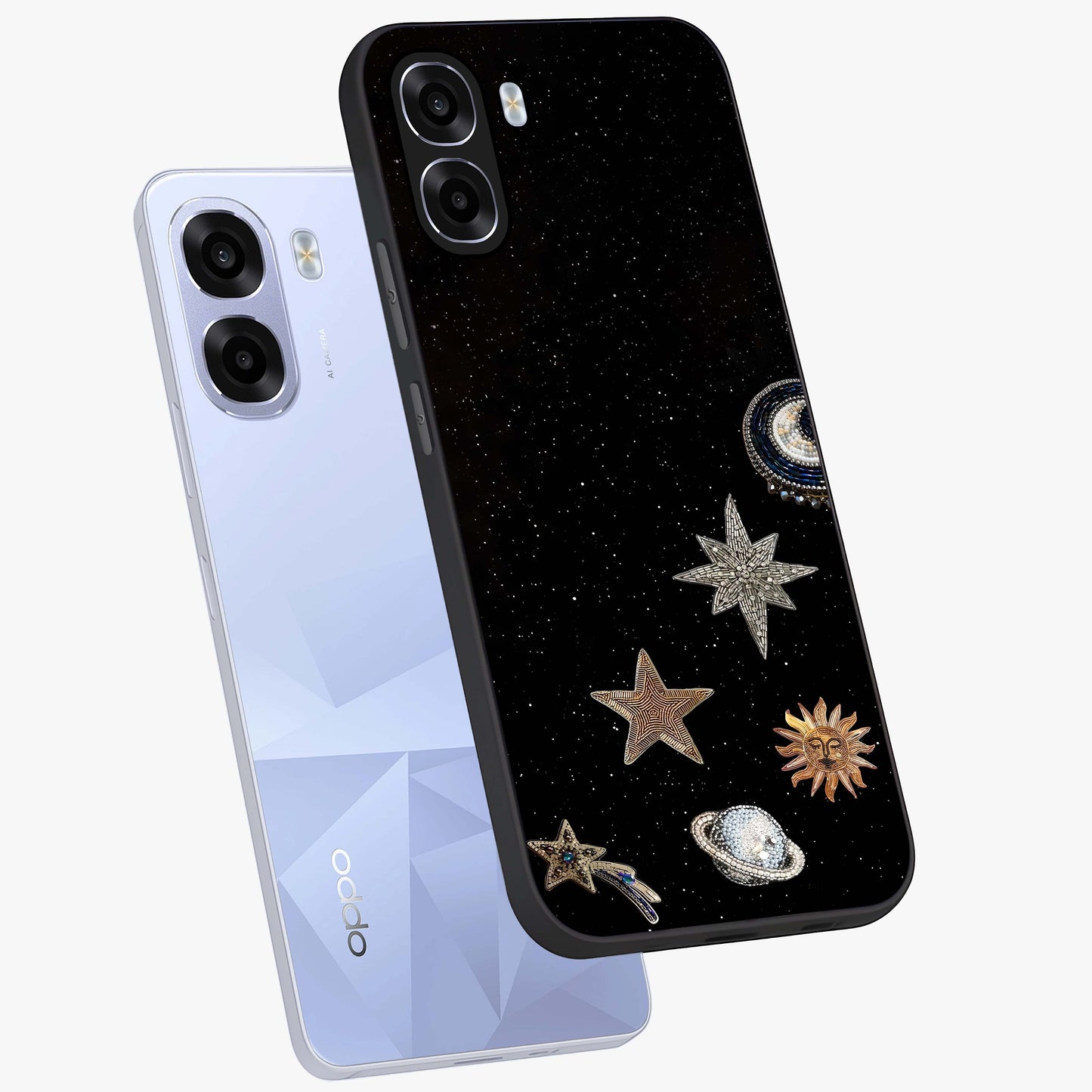 Galactic Charm Glow Glass Case displayed in angled mockup highlighting luminous galaxy inspired design with dreamy aesthetic.