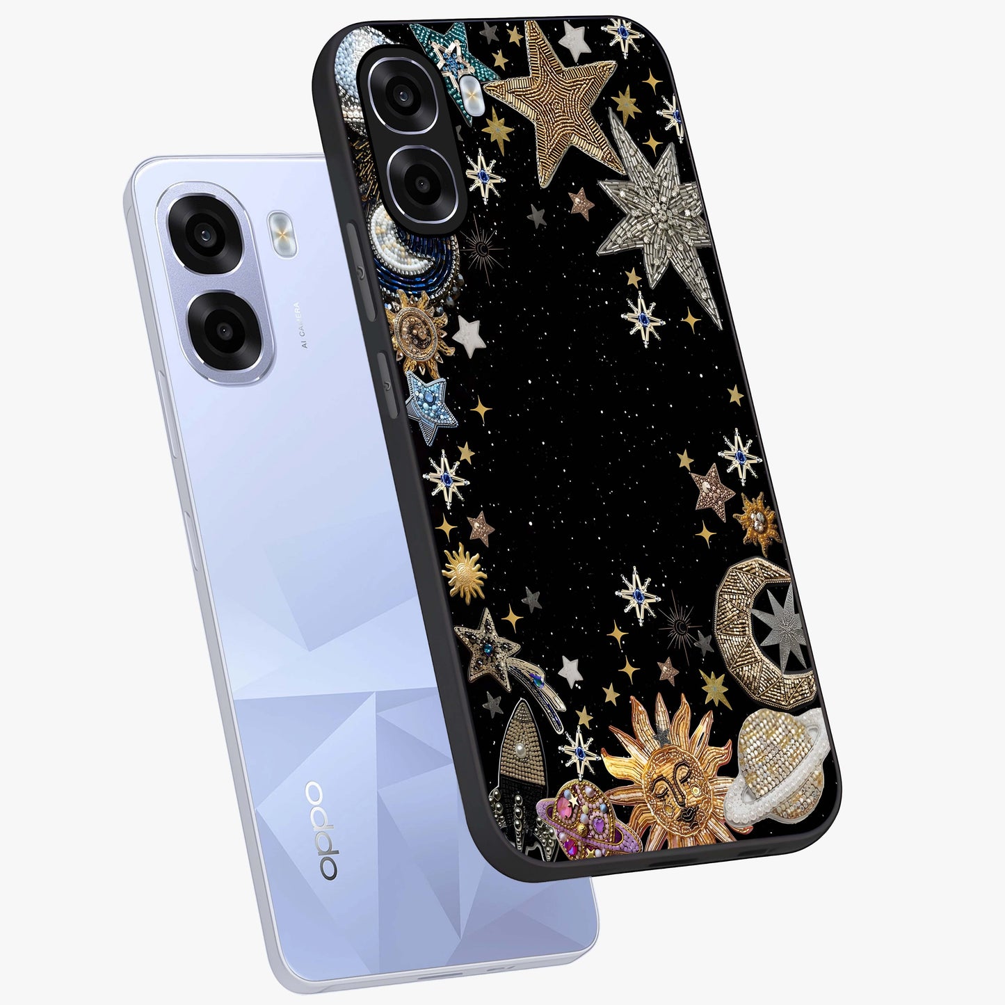 Galactic Jewel Stars Glass Case displayed in angled mockup highlighting shining celestial star design with cosmic aesthetic style.