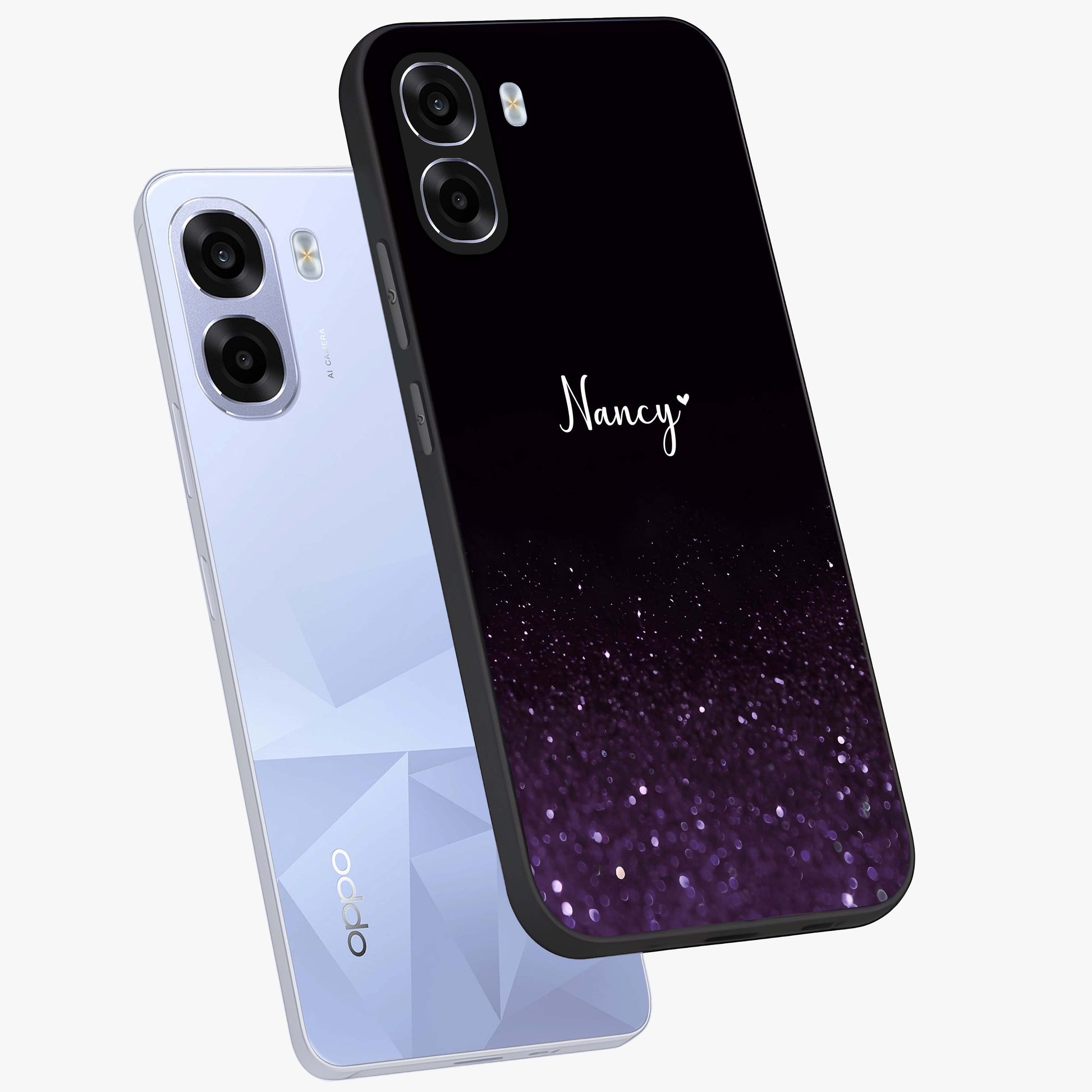 Glittery Purple Bokeh Custom Name Glass Case displayed in angled mockup highlighting glitter bokeh pattern with custom name feature.