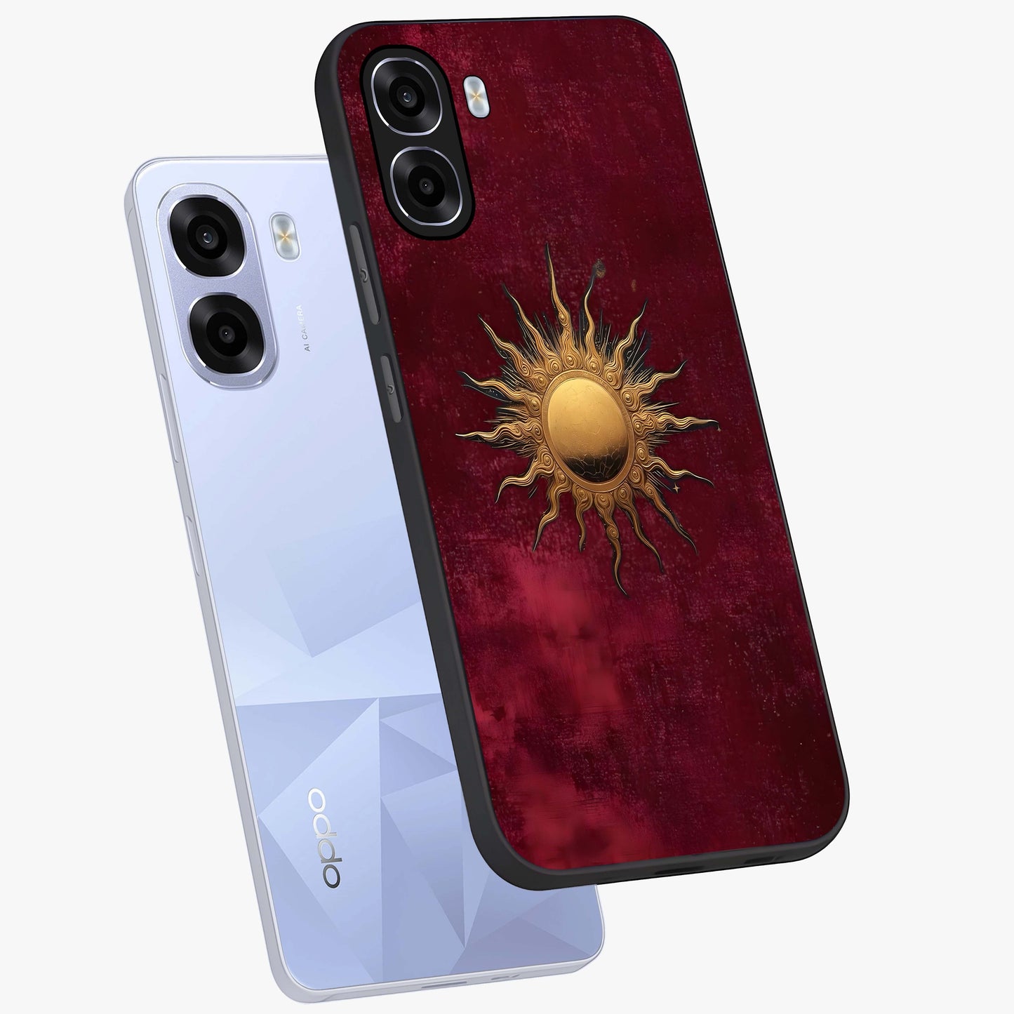 Golden Sun Minimalism Glass Case displayed in angled mockup highlighting clean sun symbol design with modern minimal aesthetic.