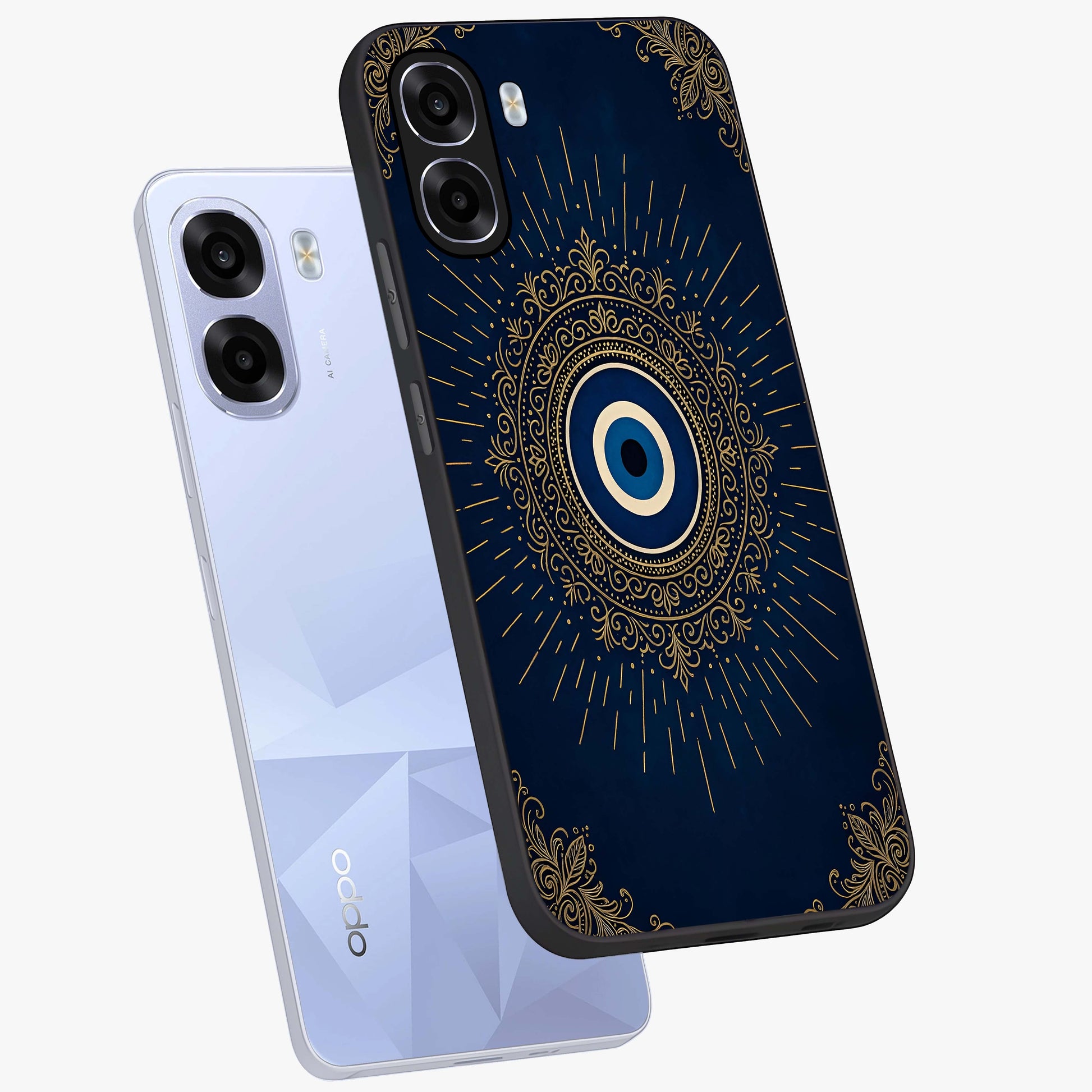 Golden Celestial Charm Glass Case displayed in angled mockup highlighting sparkling cosmic charm design with celestial aesthetic.