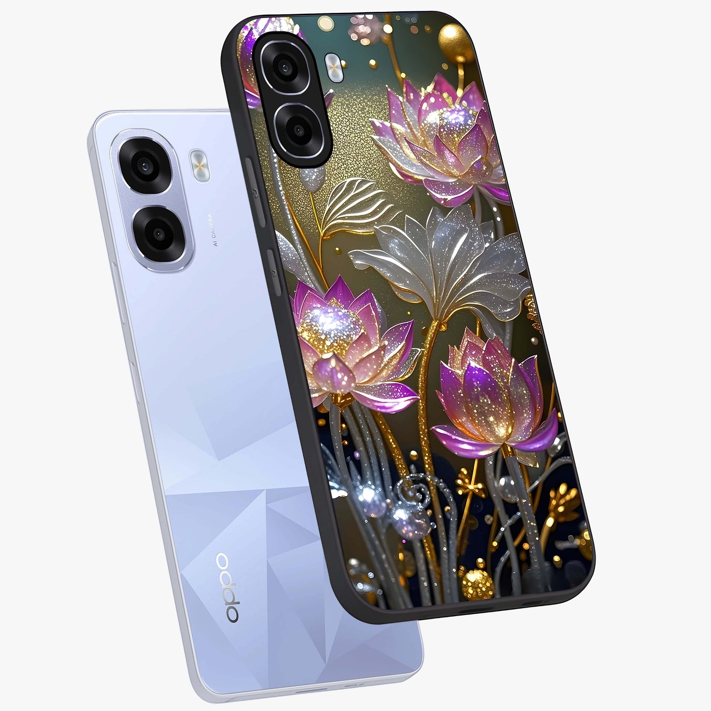 Golden Floral Majesty Glass Case displayed in angled mockup highlighting elegant flower design with royal golden aesthetic.