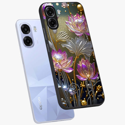 Golden Floral Majesty Glass Case displayed in angled mockup highlighting elegant flower design with royal golden aesthetic.