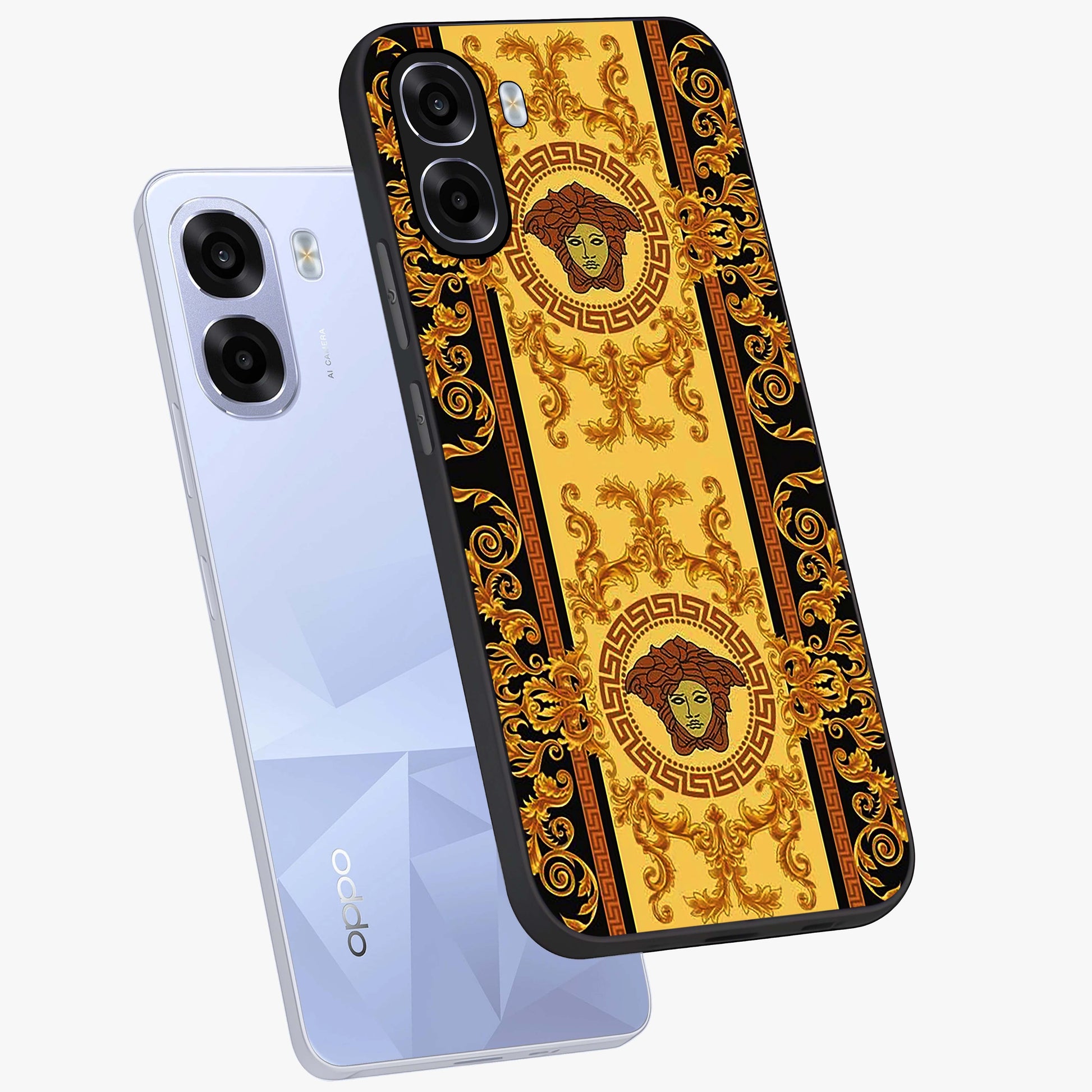 Golden Lotus Glow Glass Case displayed in angled mockup highlighting radiant lotus illustration with spiritual aesthetic.