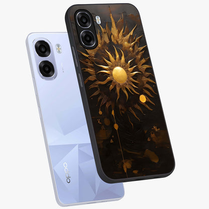 Golden Sun Majesty Glass Case displayed in angled mockup highlighting eerie shadow illustration with gothic aesthetic.