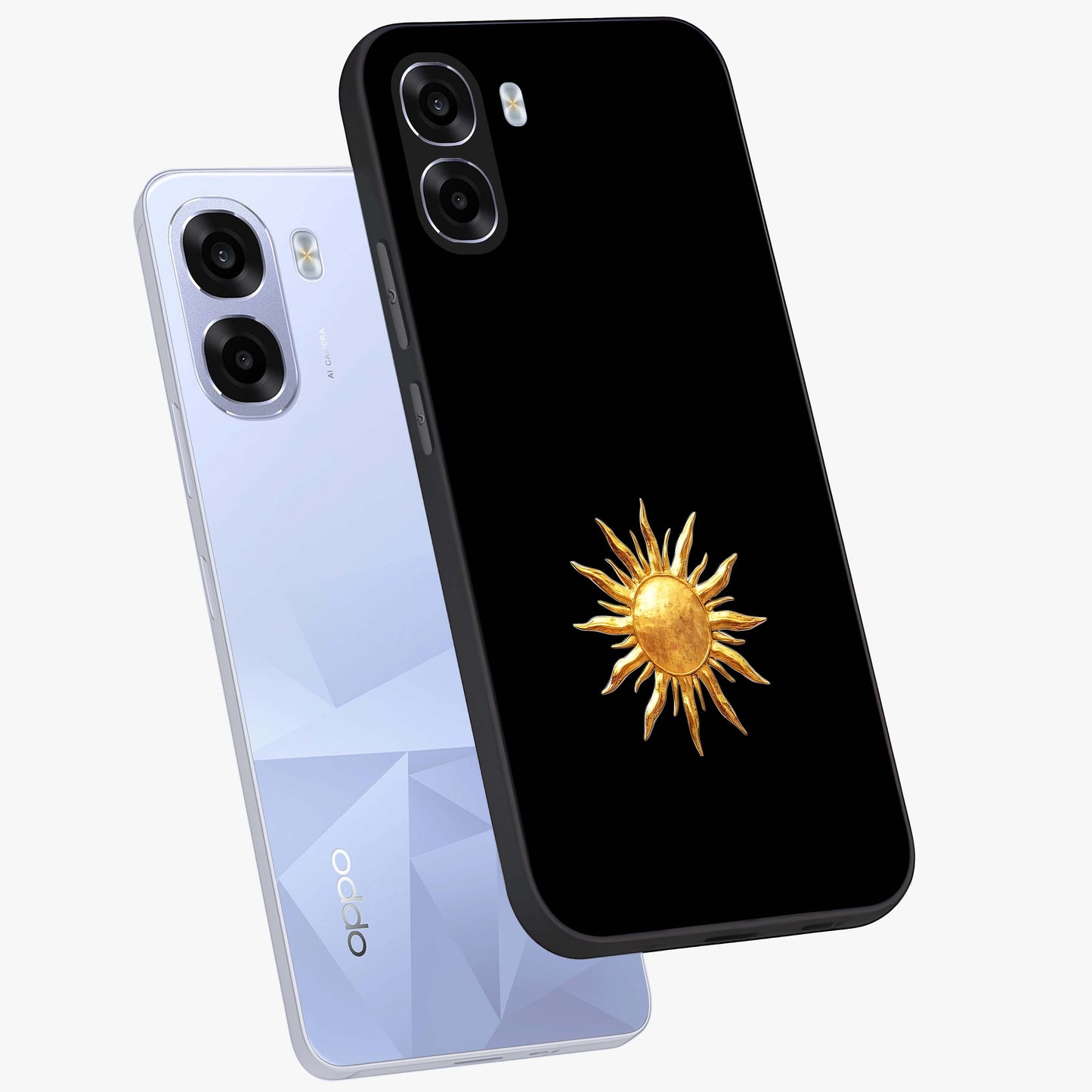 Golden Sun Minimalism Glass Case displayed in angled mockup highlighting eerie shadow illustration with gothic aesthetic.