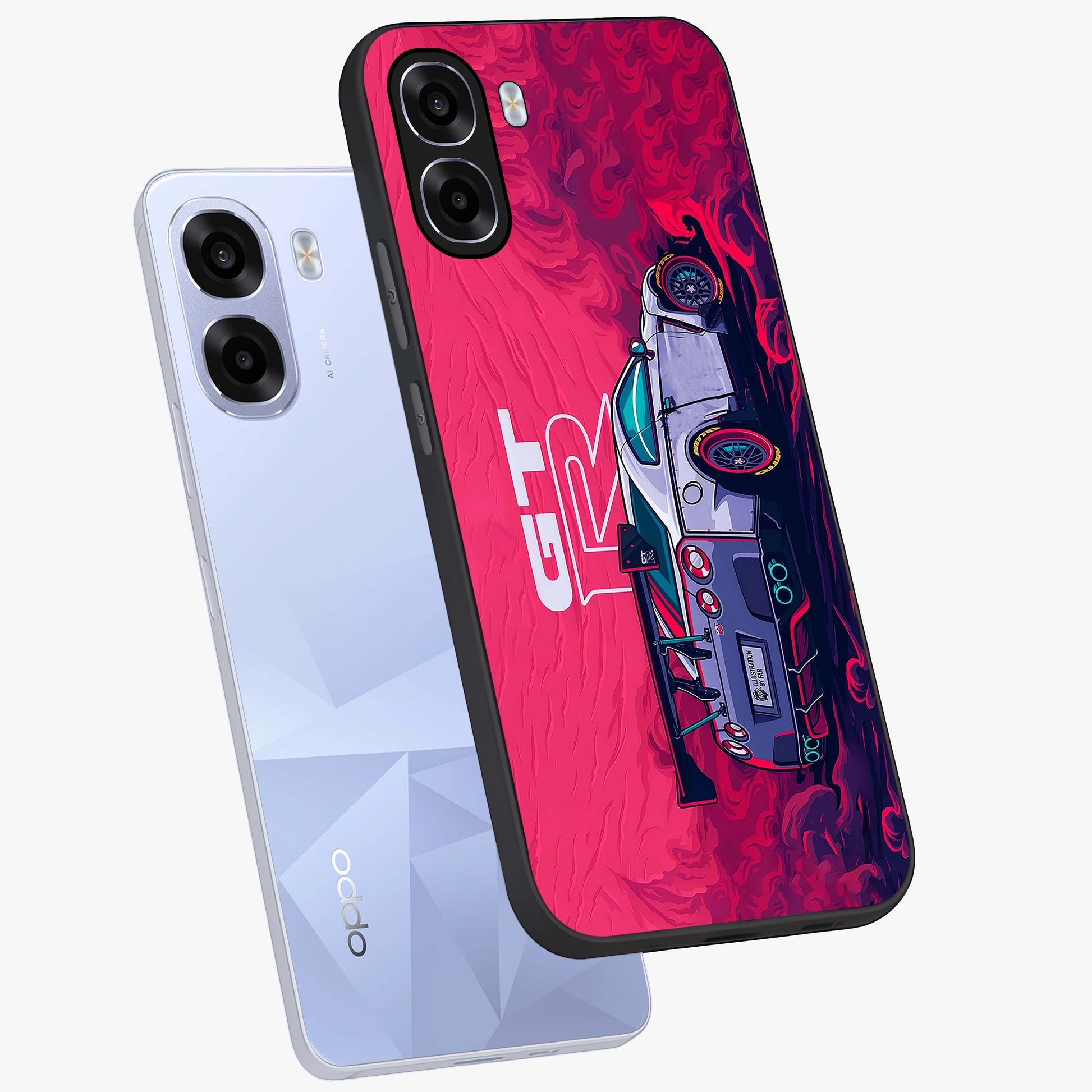 GT-R Car Pattern Glass Case displayed in angled mockup highlighting racing car graphic design with bold automotive aesthetic.