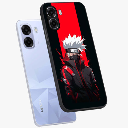 Kakashi Scarlet Shadow Glass Case displayed in angled mockup highlighting dramatic ninja illustration with scarlet themed aesthetic.