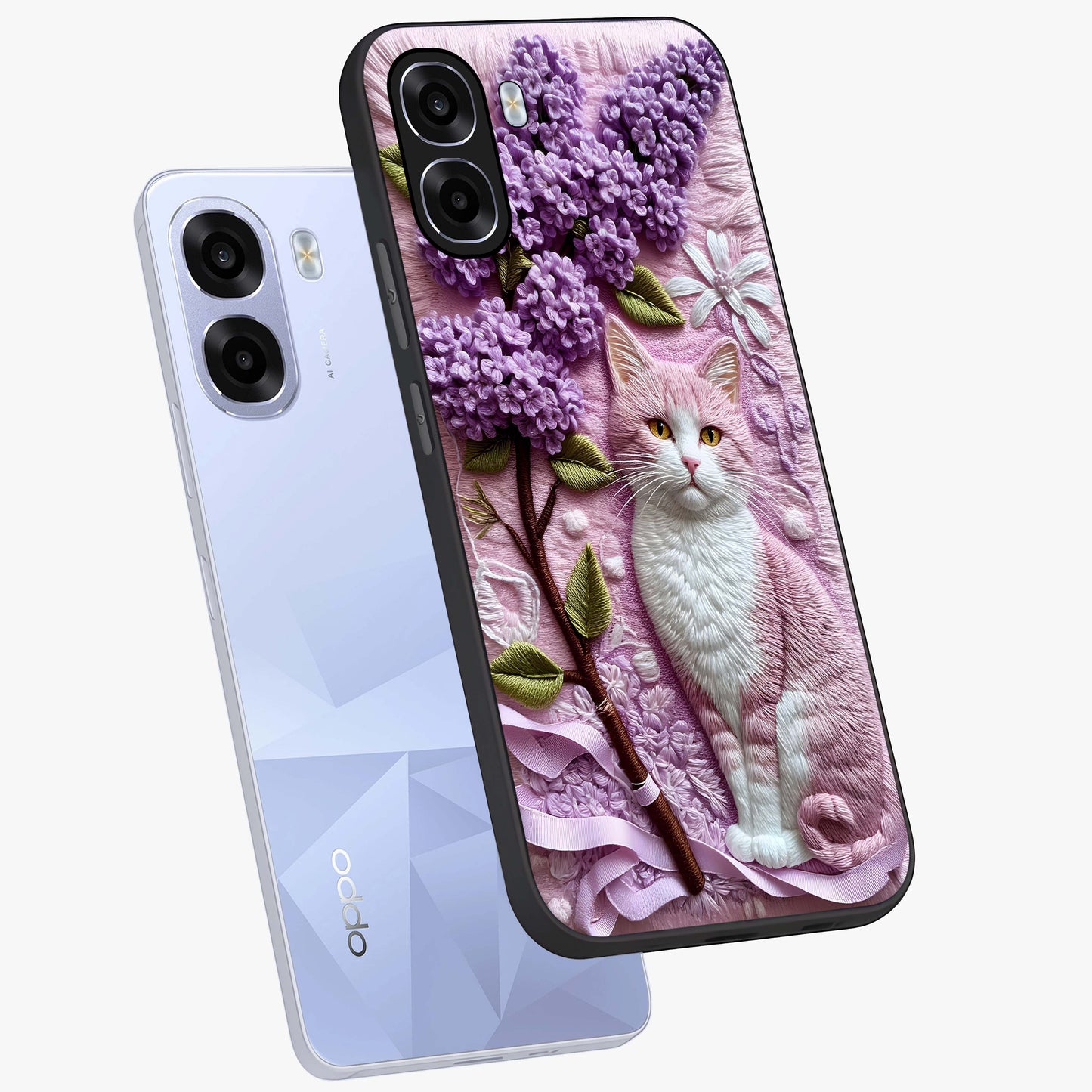 Lavender Cat Whimsy Glass Case displayed in angled mockup highlighting playful feline illustration with pastel lavender aesthetic.