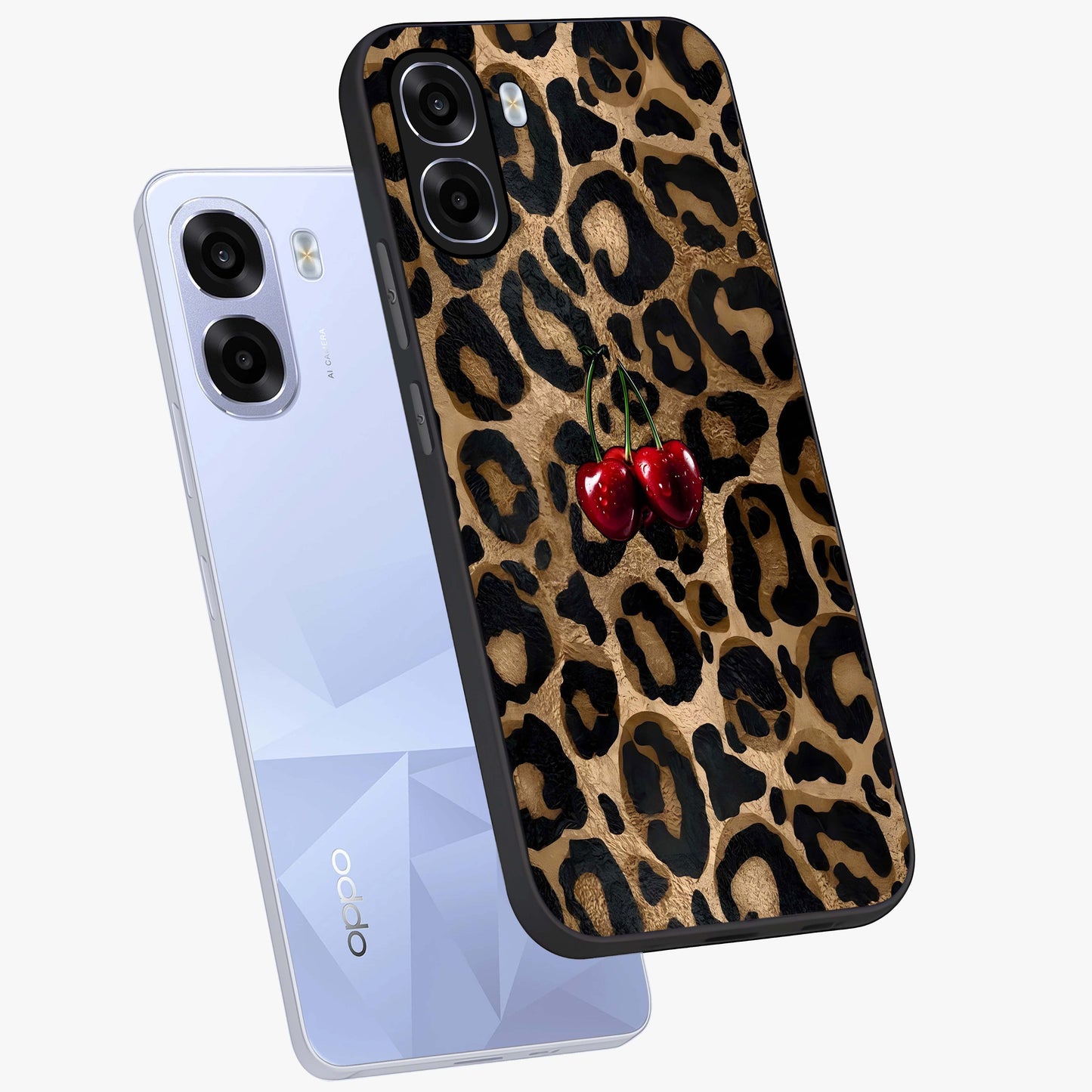 Leopard Wild Cherry Glass Case displayed in angled mockup highlighting bold animal print design with playful cherry aesthetic.
