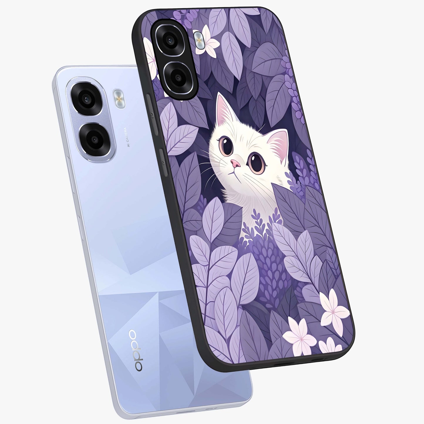 Lilac Hide Peek Cat Glass Case displayed in angled mockup highlighting playful feline illustration with lilac aesthetic design.