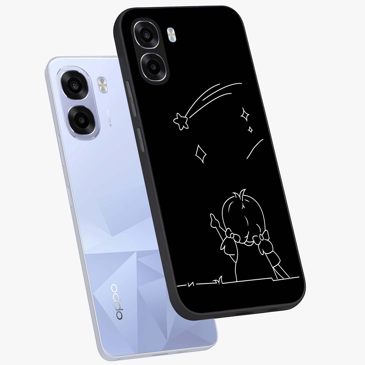 Line Art Girl With Shooting Stars Glass Case displayed in angled mockup highlighting elegant line art design with dreamy star aesthetic.