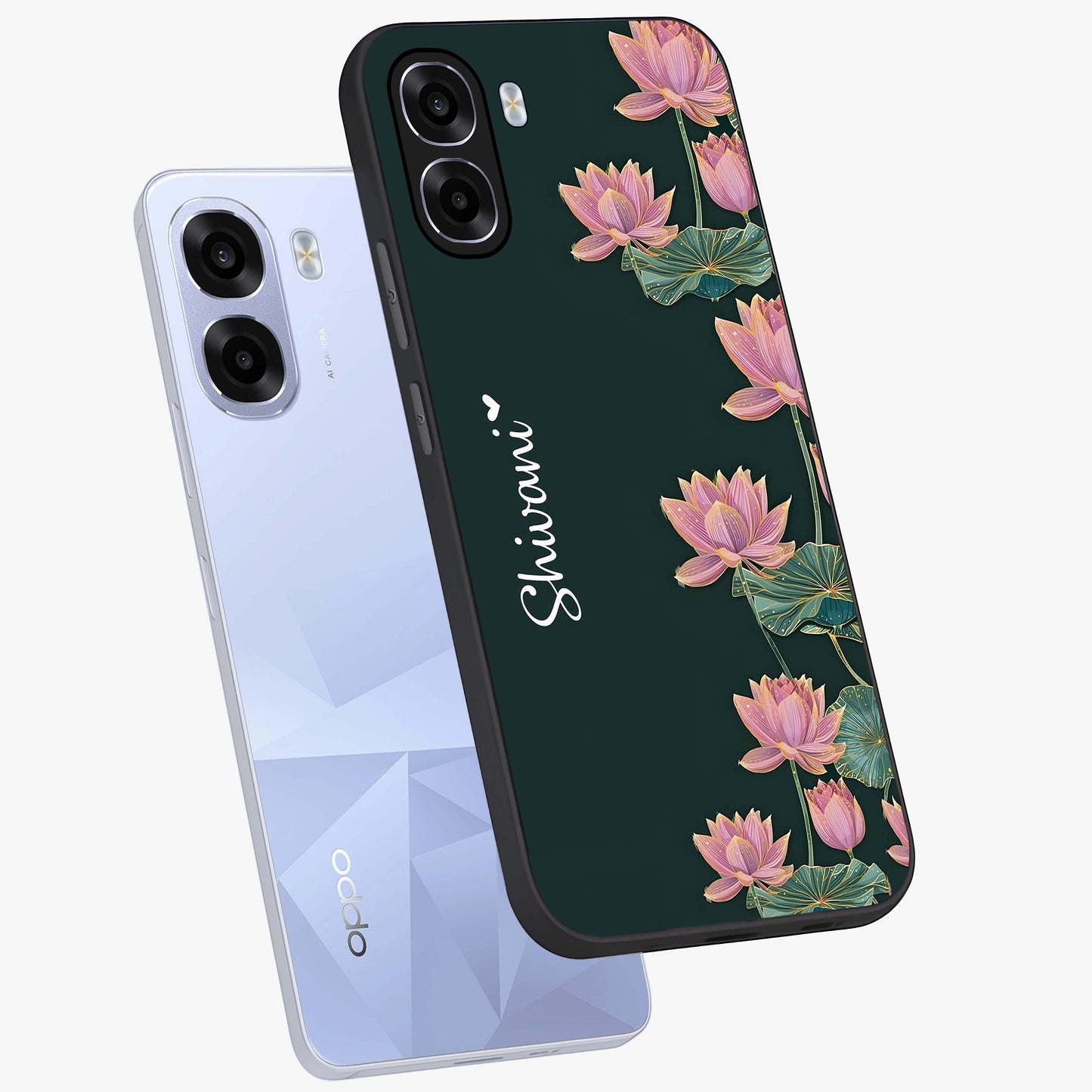 Lotus Bloom Serenity Custom Name Glass Case displayed in angled mockup highlighting graceful lotus illustration with custom name feature.