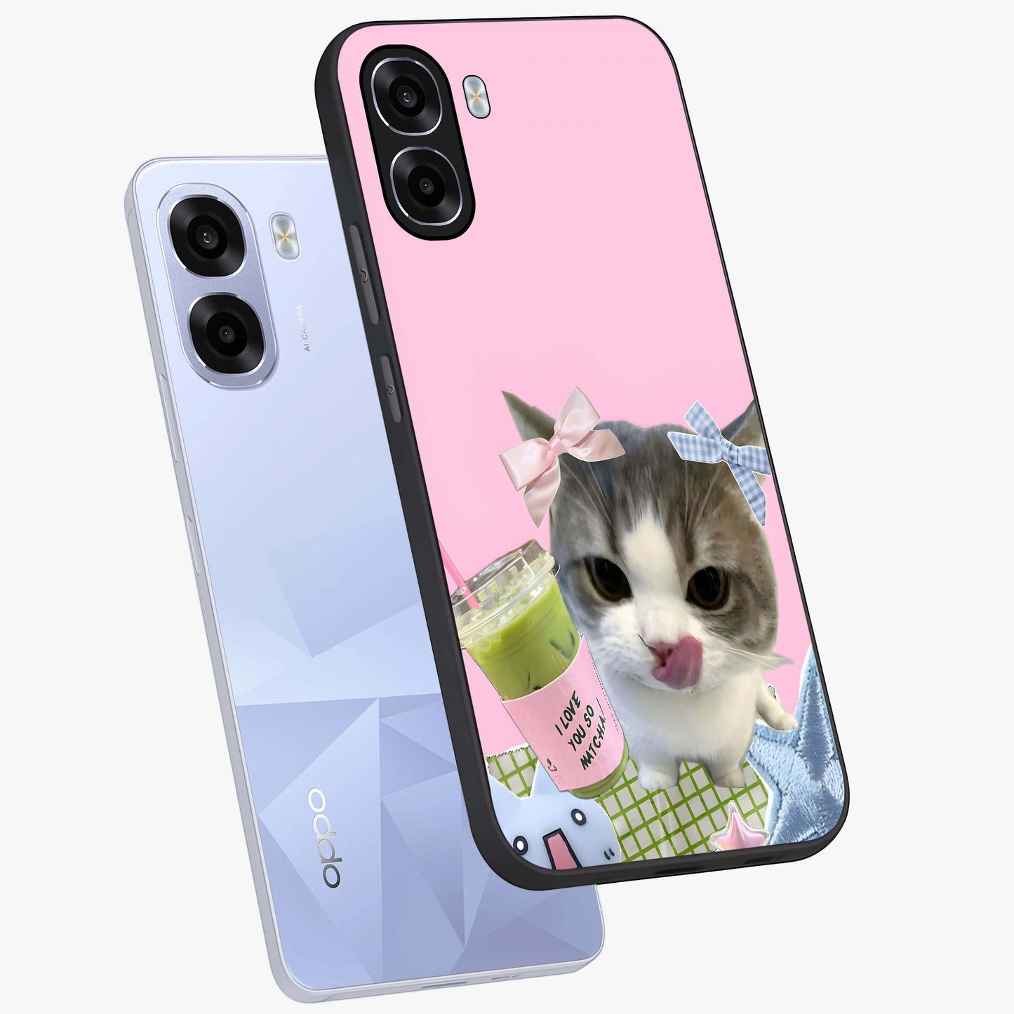 Love Matcha Cat Glass Case displayed in angled mockup highlighting playful feline illustration with cozy matcha aesthetic.