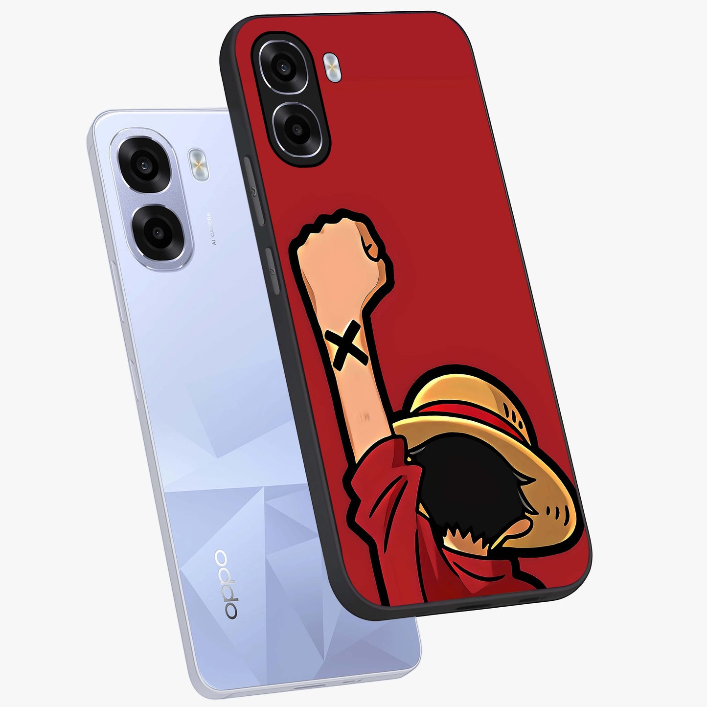 Luffy X Spirit Glass Case displayed in angled mockup highlighting powerful anime design with energetic action aesthetic.