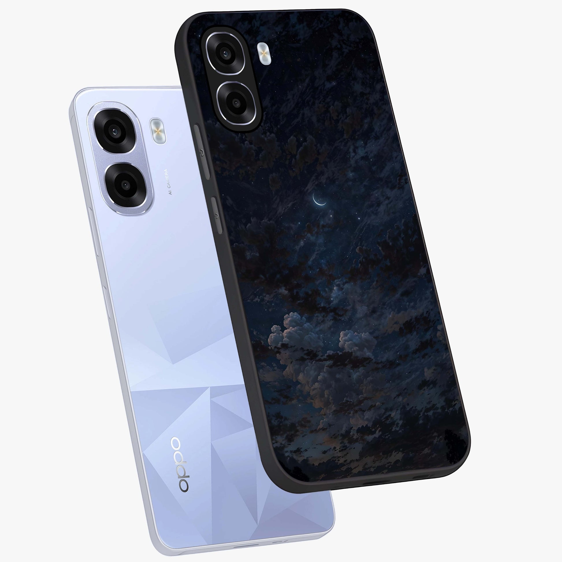 Lunar Veil Silence Glass Case displayed in angled mockup highlighting soft lunar design with peaceful celestial aesthetic.