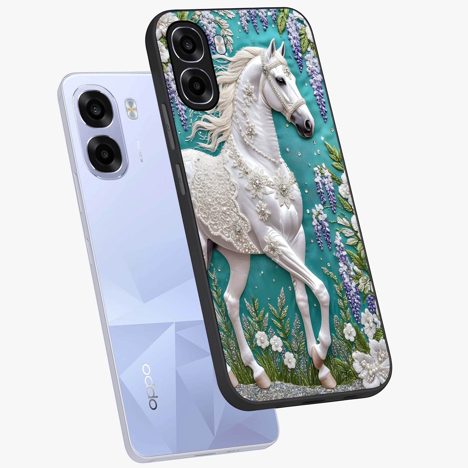 Majestic Floral Stallion Glass Case displayed in angled mockup highlighting majestic stallion illustration with elegant floral aesthetic.