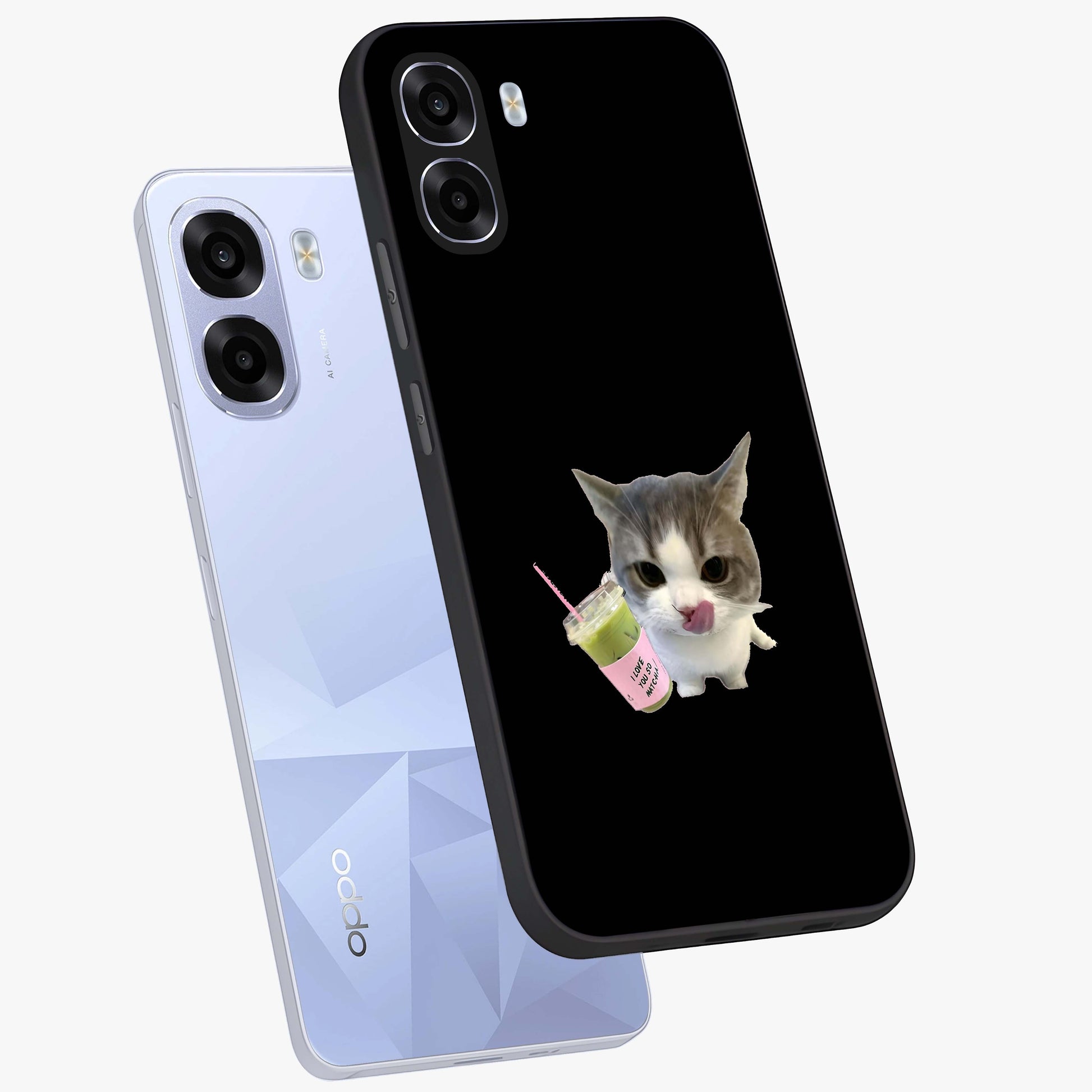 Matcha Cat Style Glass Case displayed in angled mockup highlighting playful feline design with pastel matcha aesthetic.