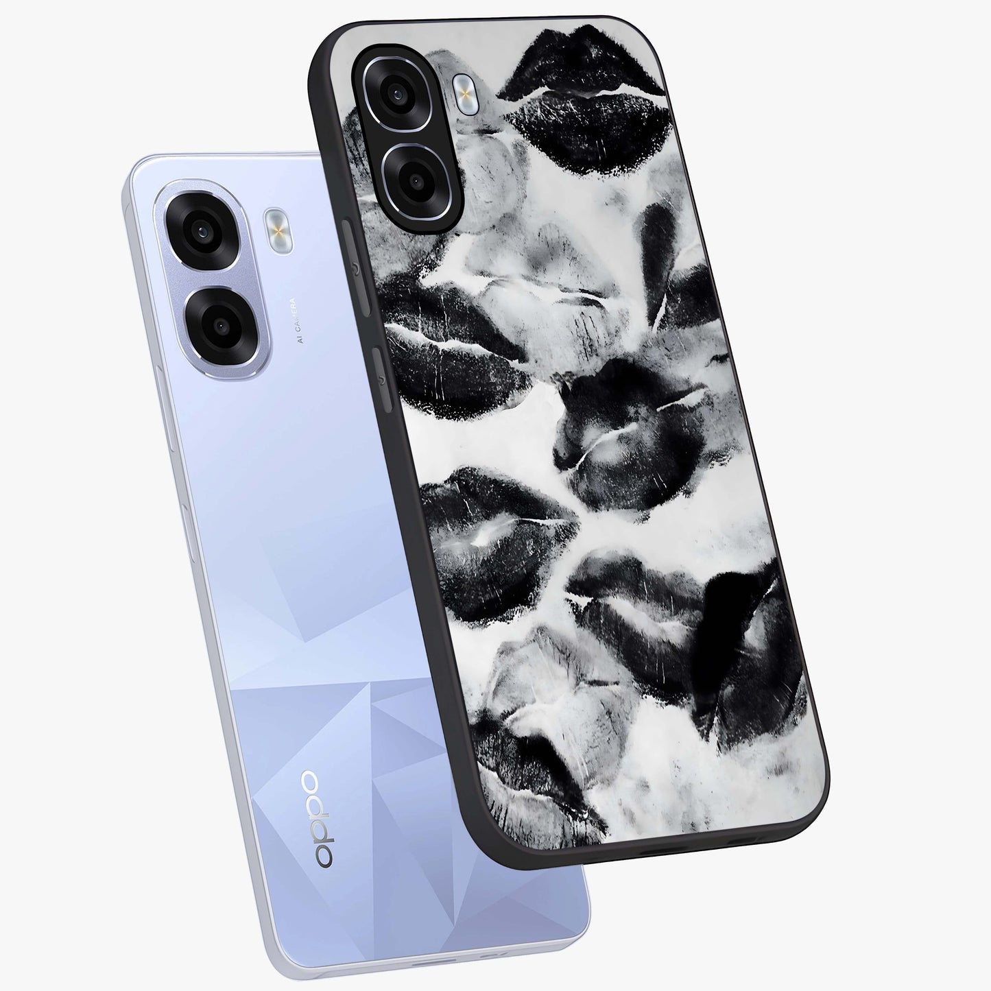 Midnight Kiss Marks Glass Case displayed in angled mockup highlighting playful romantic design with bold midnight aesthetic.