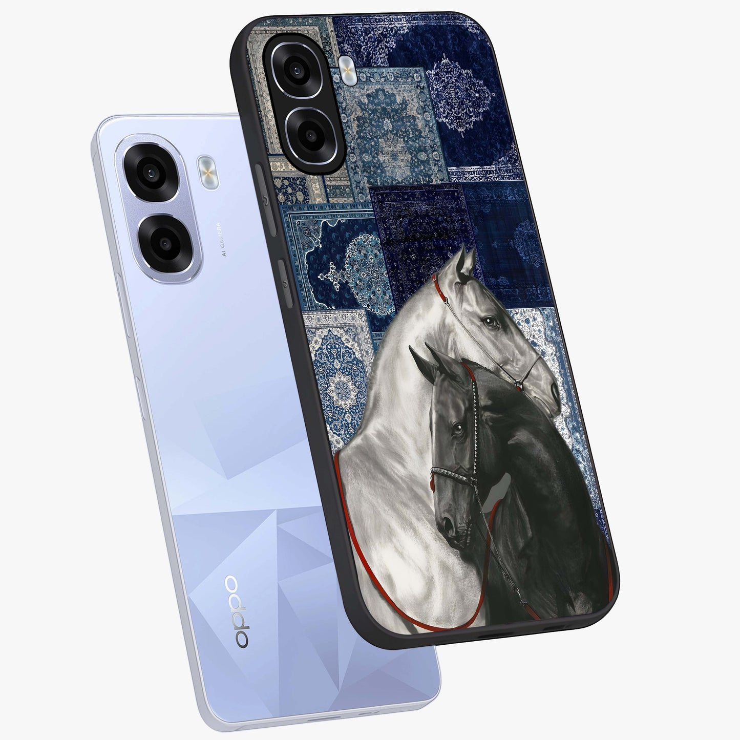 Midnight Stallion Blues Glass Case displayed in angled mockup highlighting powerful stallion illustration with deep midnight tones.