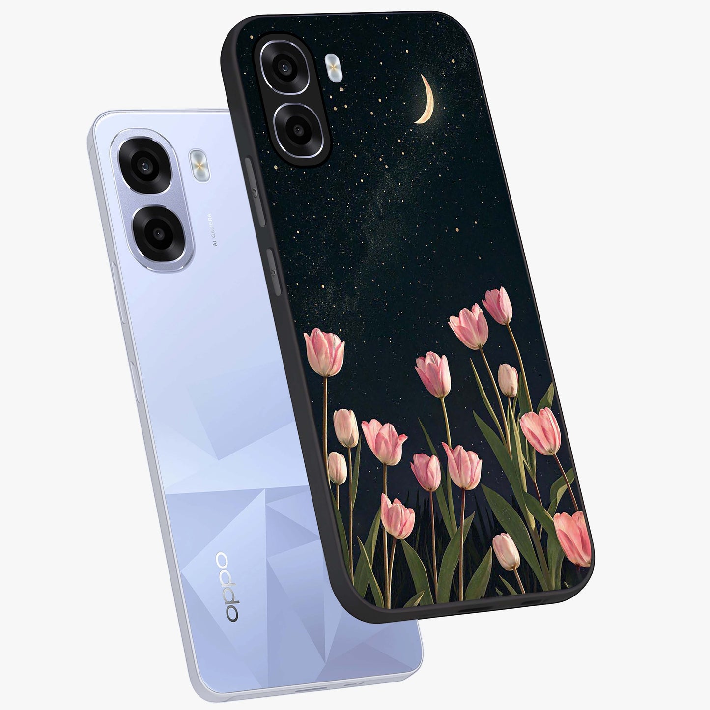 Midnight Tulip Whispers Vibe Glass Case displayed in angled mockup highlighting delicate tulip design with midnight floral aesthetic.