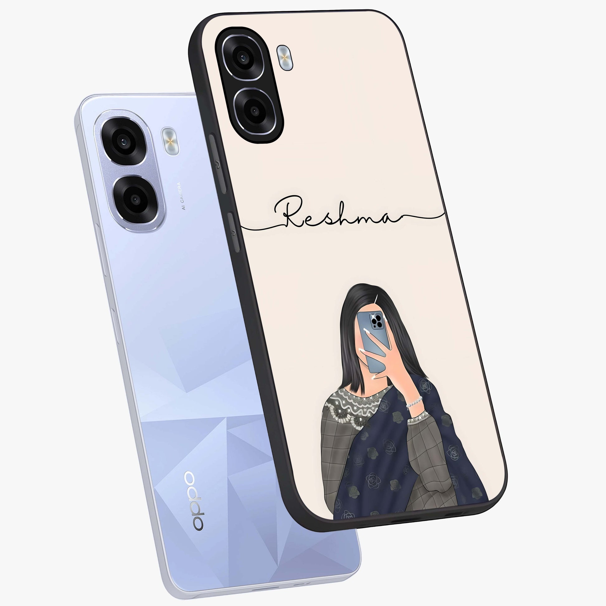 Mirror Mood Muse With Custom Name Glass Case displayed in angled mockup highlighting aesthetic mirror inspired design with custom name feature.