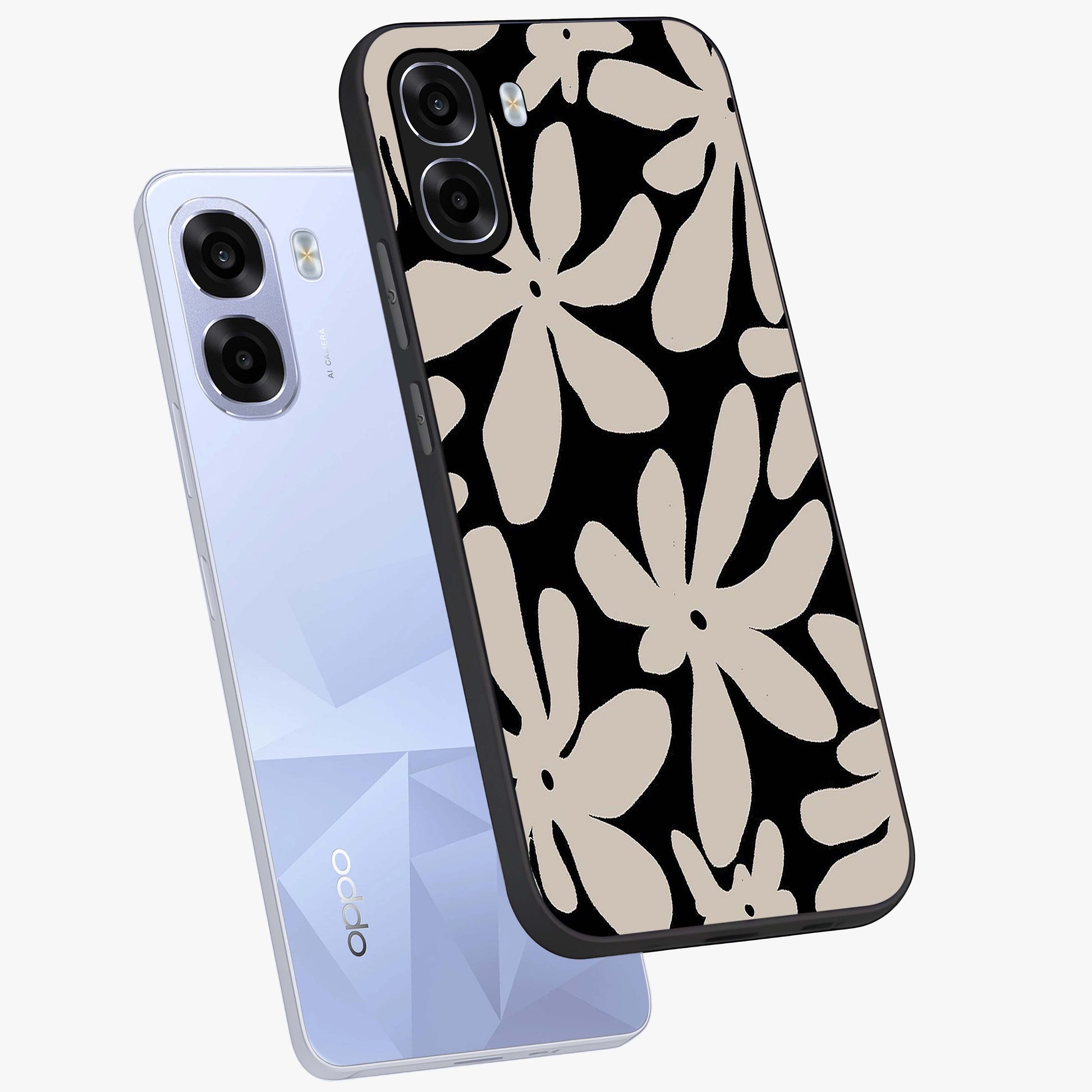 Monochrome Petal Dance Glass Case displayed in angled mockup highlighting elegant petal design with black and white aesthetic.