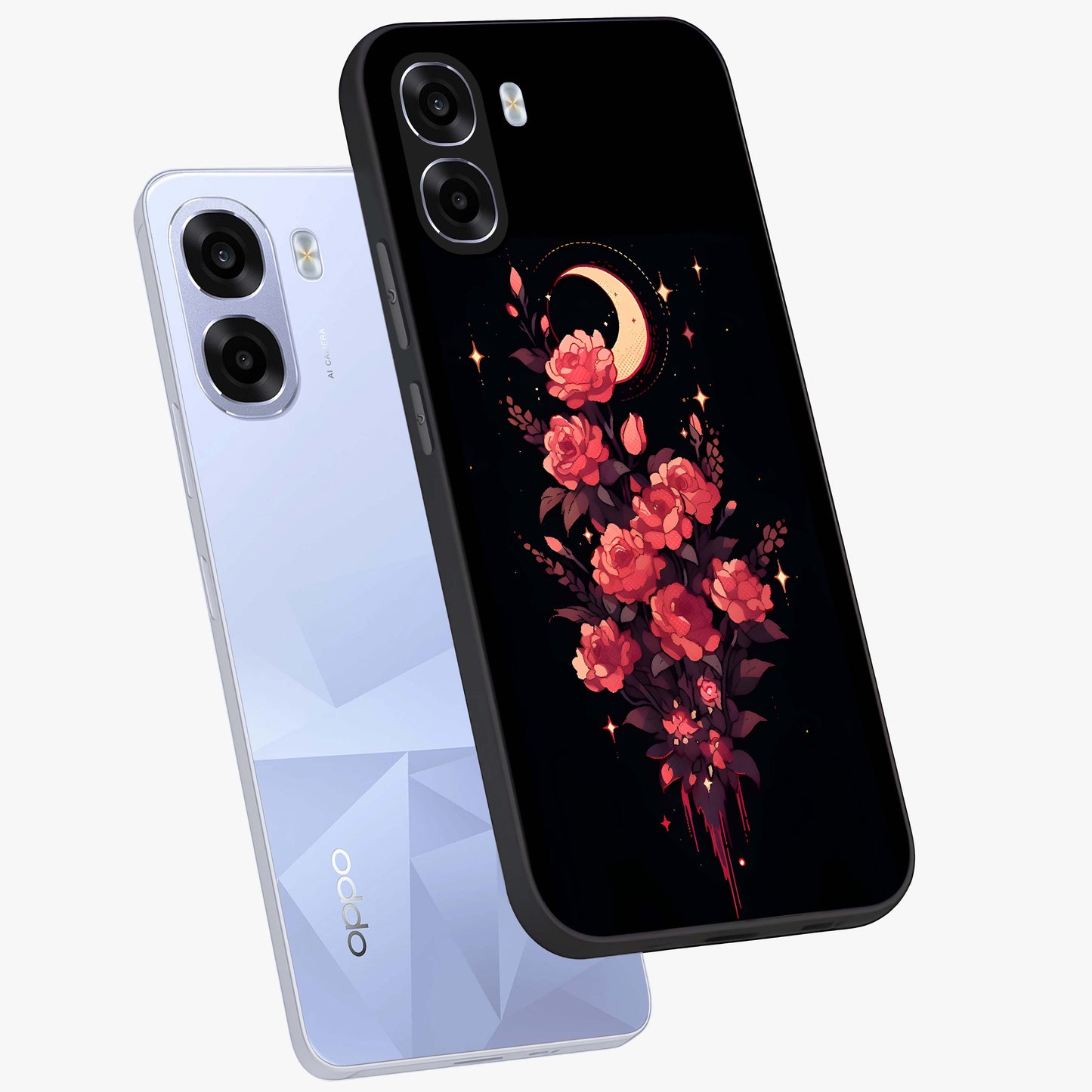 Moonlit Floral Elegance Glass Case displayed in angled mockup highlighting graceful flower design with soft moonlight aesthetic.