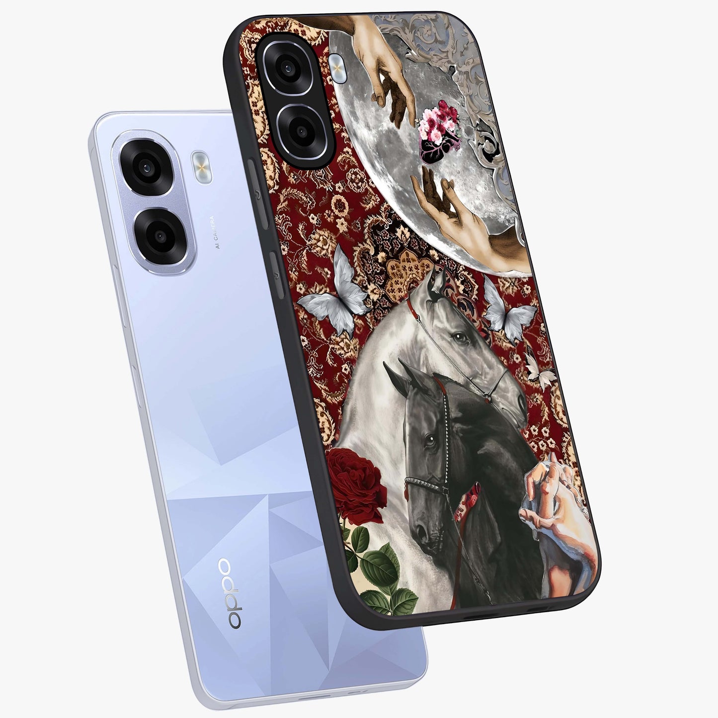 Moonlit Royal Stallion Glass Case displayed in angled mockup highlighting powerful stallion illustration with royal night aesthetic.