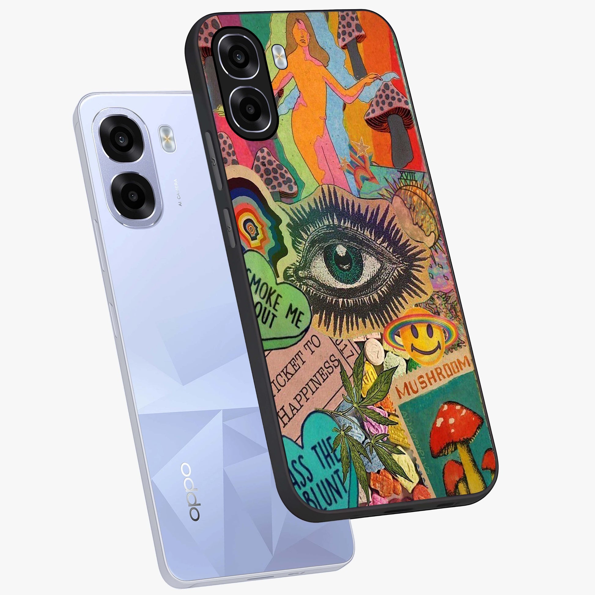 Mystic Eye Wonderland Glass Case displayed in angled mockup highlighting magical eye illustration with dreamy aesthetic.