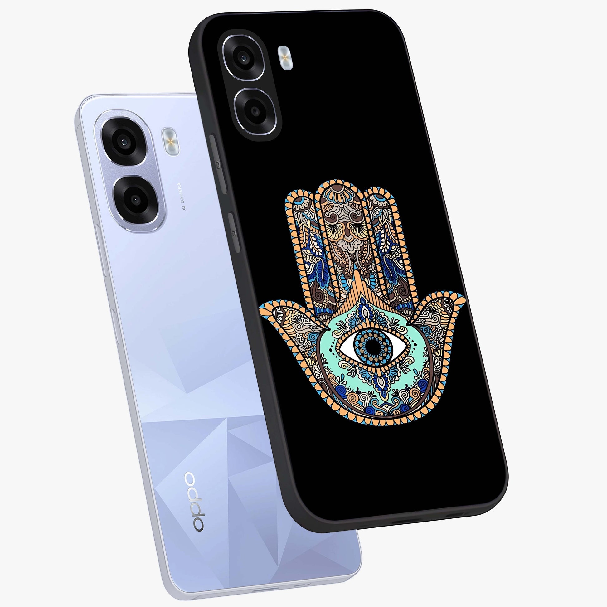 Mystic Hamsa Eye Glass Case displayed in angled mockup highlighting spiritual hamsa symbol with mystical aesthetic style.