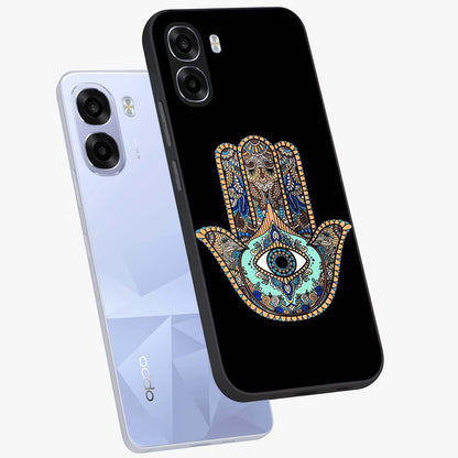 Mystic Hamsa Eye Glass Case displayed in angled mockup highlighting spiritual hamsa symbol with mystical aesthetic style.