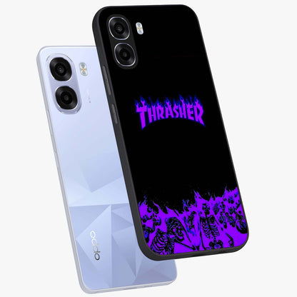 Neon Flame Riot Glass Case displayed in angled mockup highlighting glowing flame design with vibrant neon aesthetic.