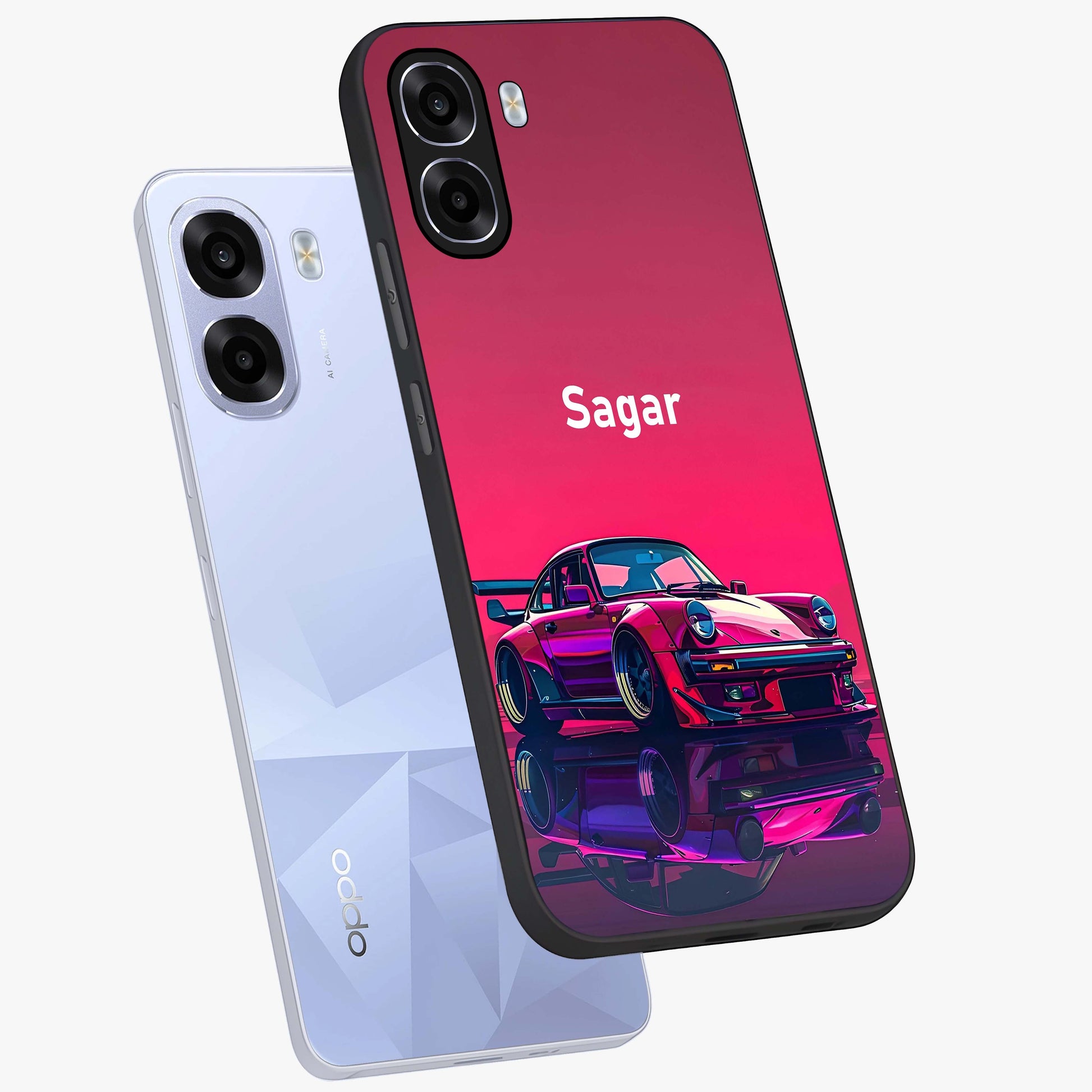 Neon Pink Porsche Glass Case displayed in angled mockup highlighting sleek neon pink car design with racing aesthetic.