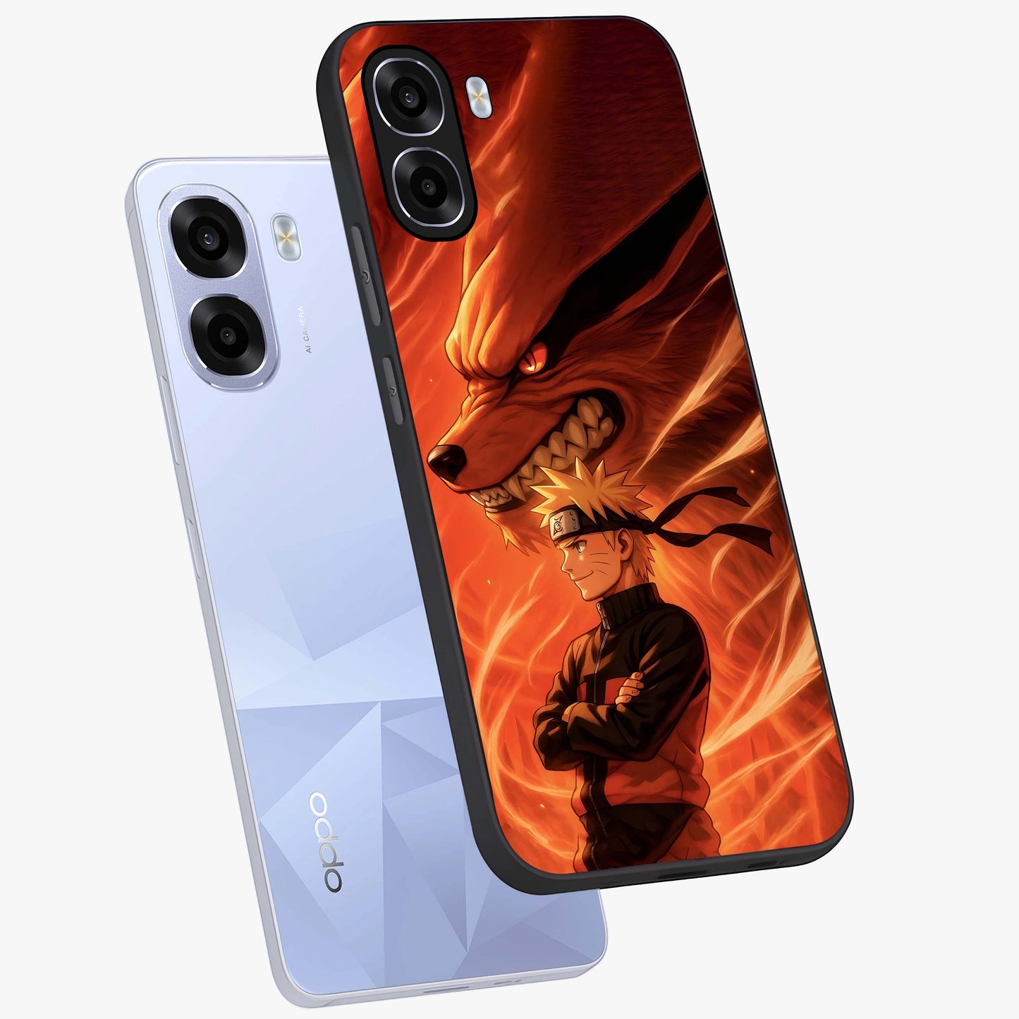 Nine Tails Legacy Glass Case displayed in angled mockup highlighting dynamic anime beast illustration with bold mystical aesthetic.