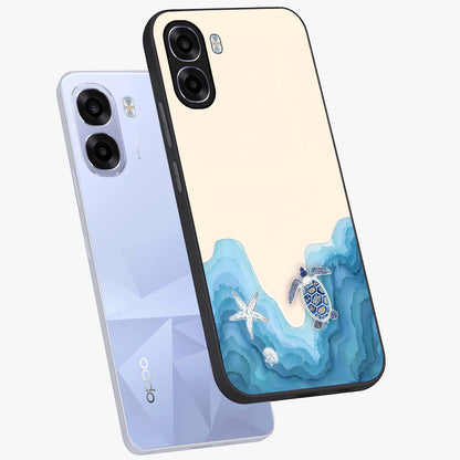 Ocean Drift Turtle Glass Case displayed in angled mockup highlighting peaceful ocean turtle illustration with marine aesthetic.