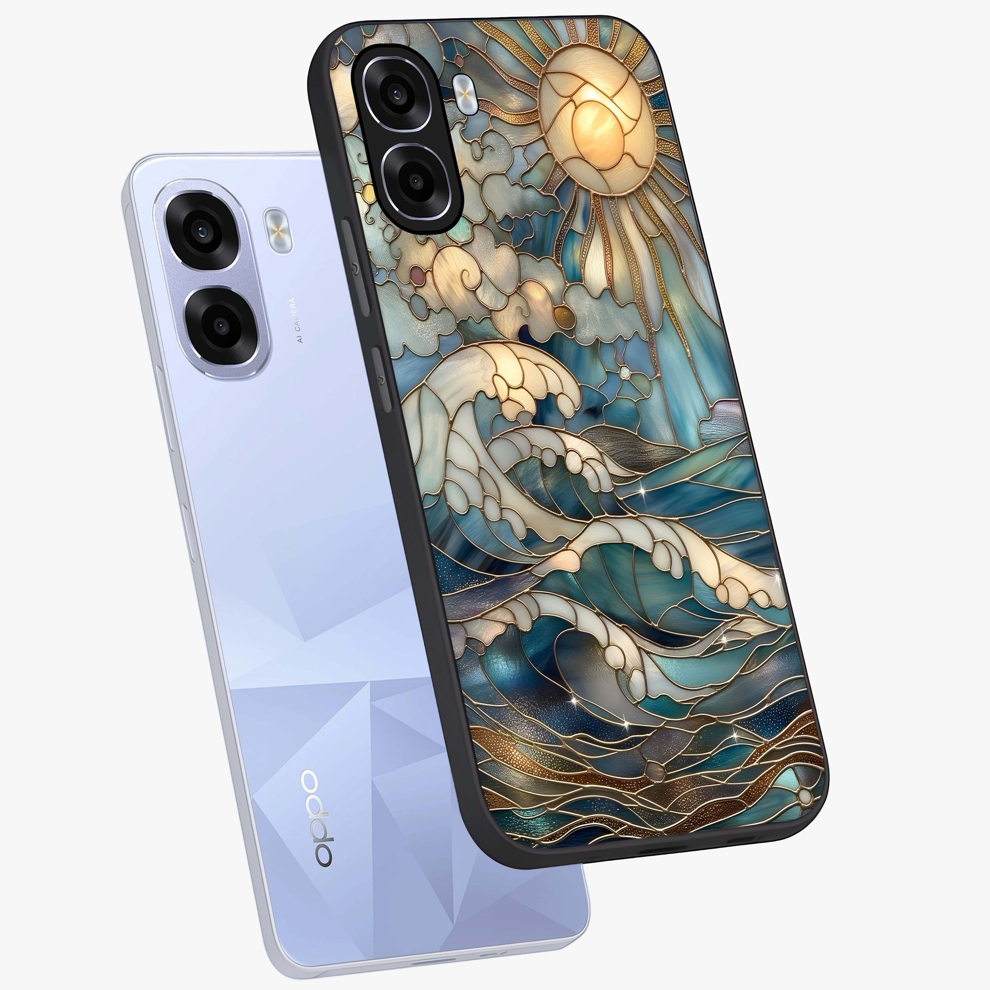 Oceanic Stained Printed Glass Case displayed in angled mockup highlighting colorful aquatic design with artistic aesthetic style.