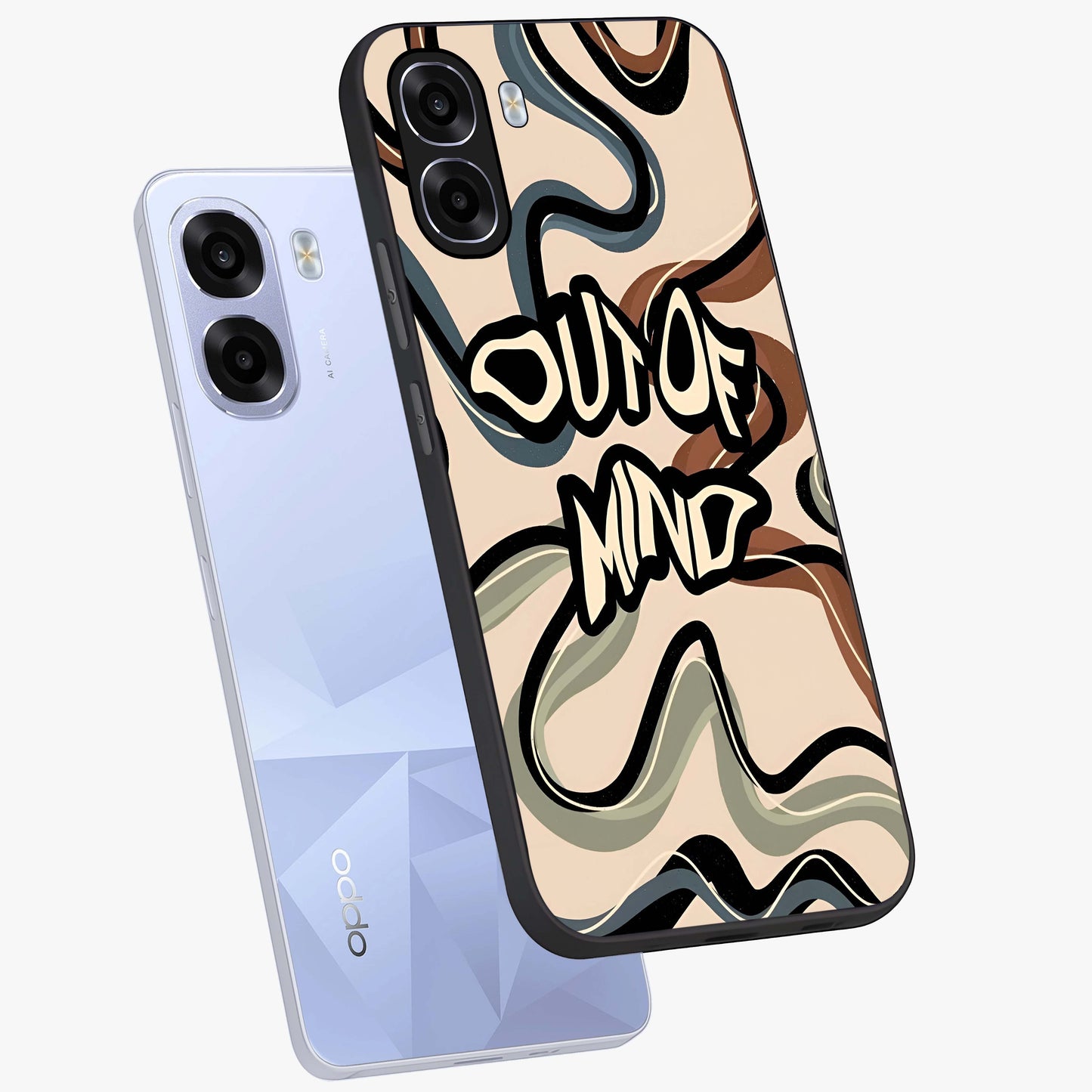 Out Of Mind Glass Case displayed in angled mockup highlighting bold statement design with modern artistic aesthetic.